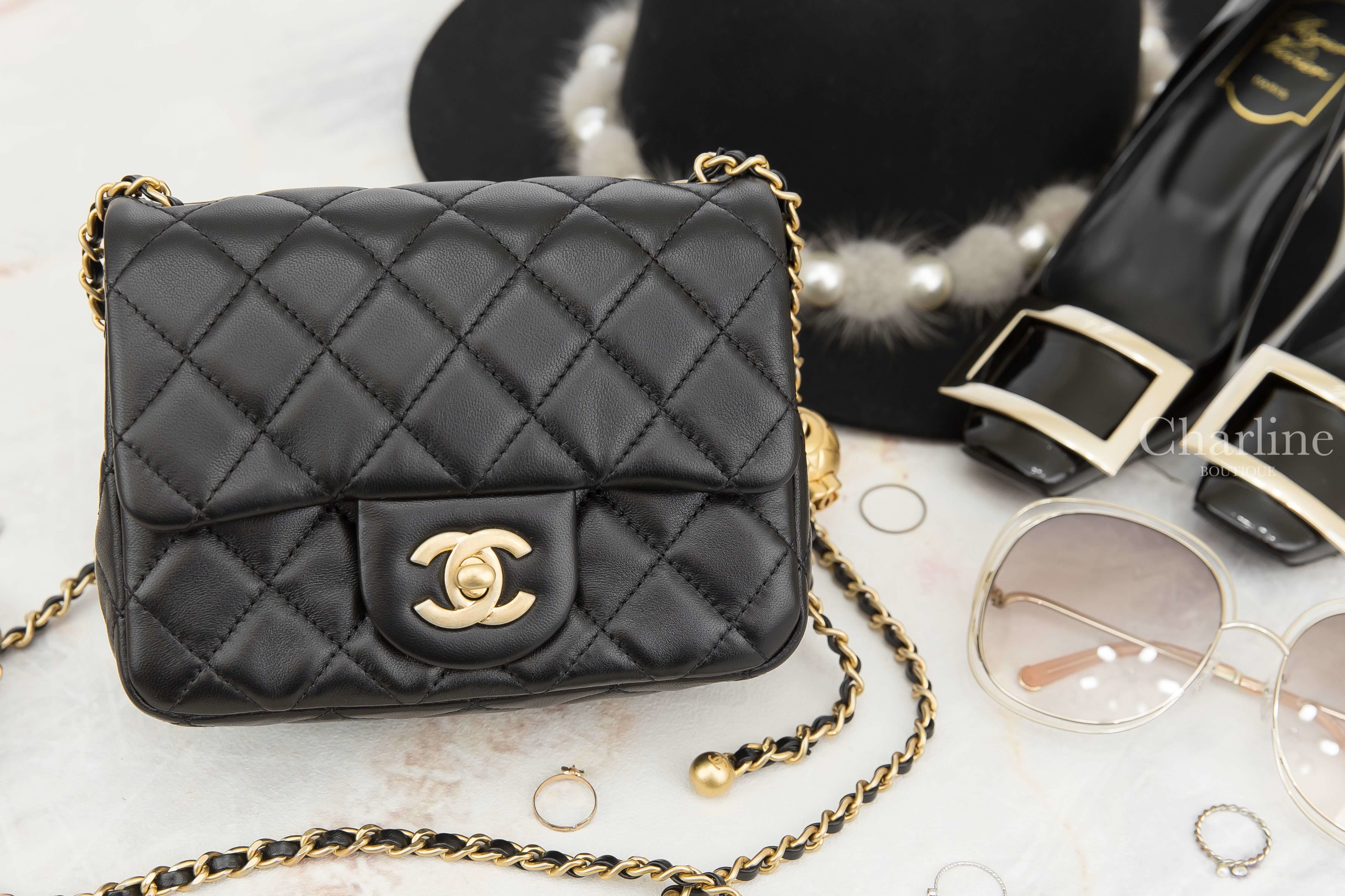 Chanel Flap Bag 黑色金CC金色小珠鍊帶小羊皮菱格紋肩背包-Charline Boutique 精品代購