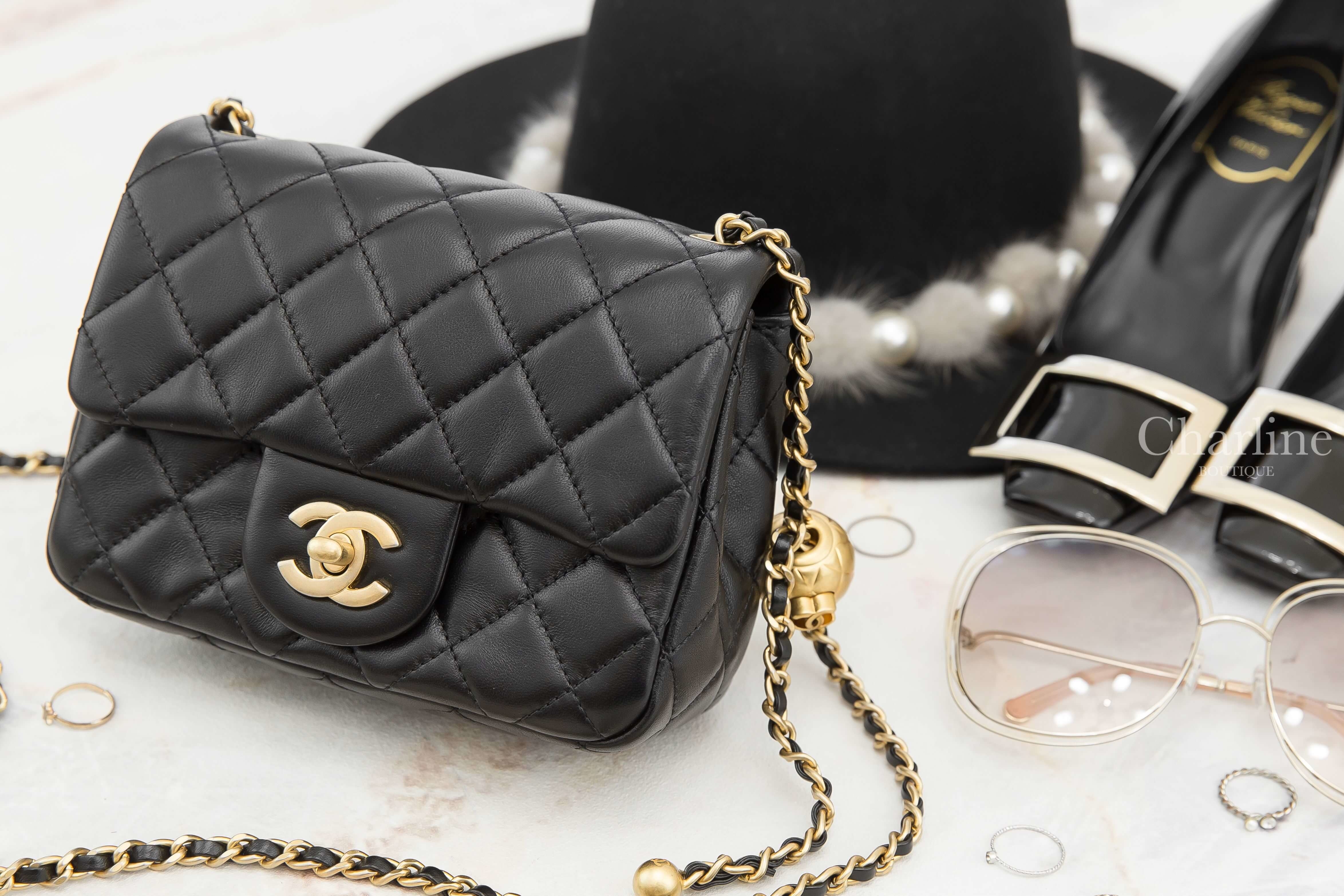 Chanel Flap Bag 黑色金CC金色小珠鍊帶小羊皮菱格紋肩背包-Charline Boutique 精品代購