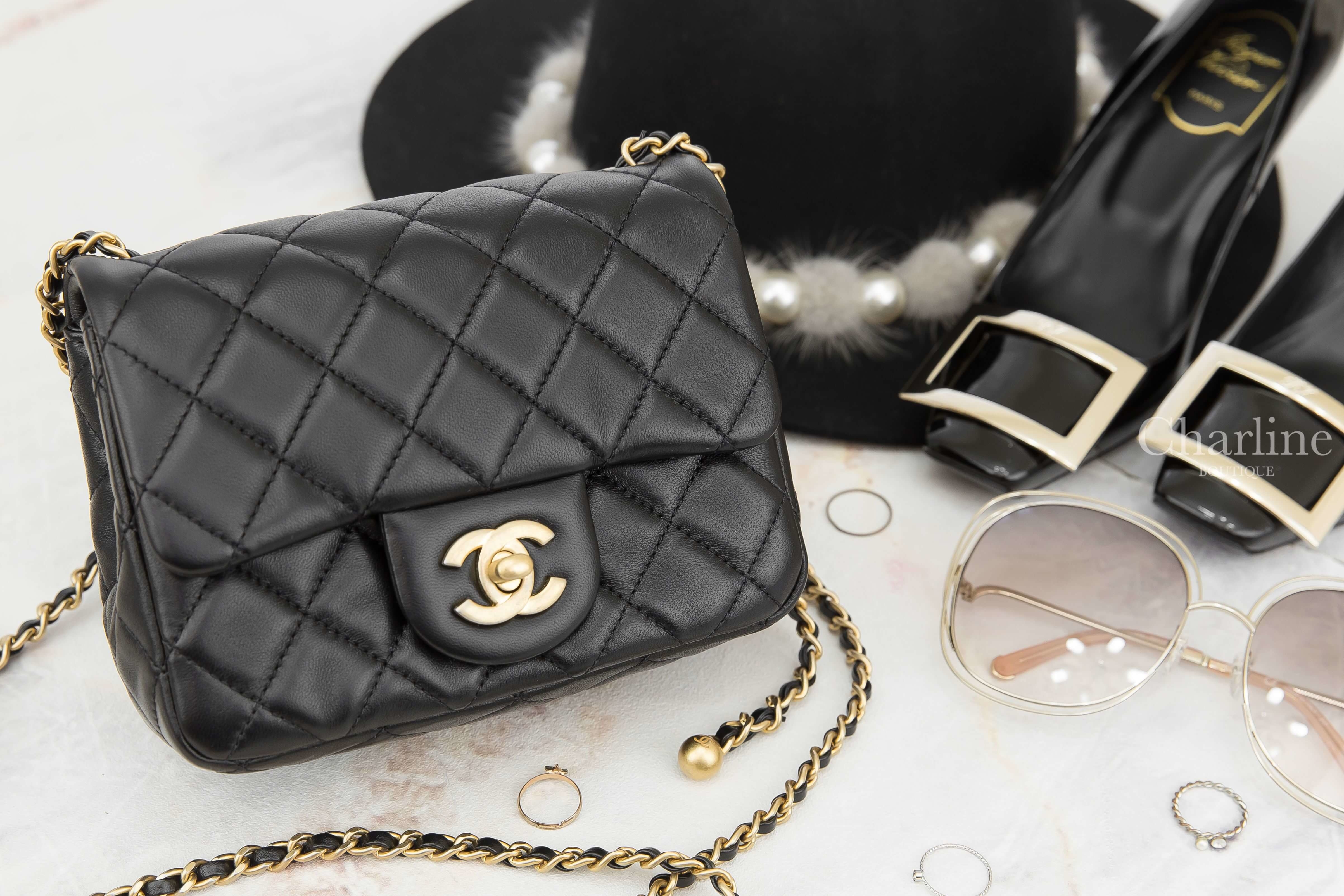 Chanel Flap Bag 黑色金CC金色小珠鍊帶小羊皮菱格紋肩背包-Charline Boutique 精品代購