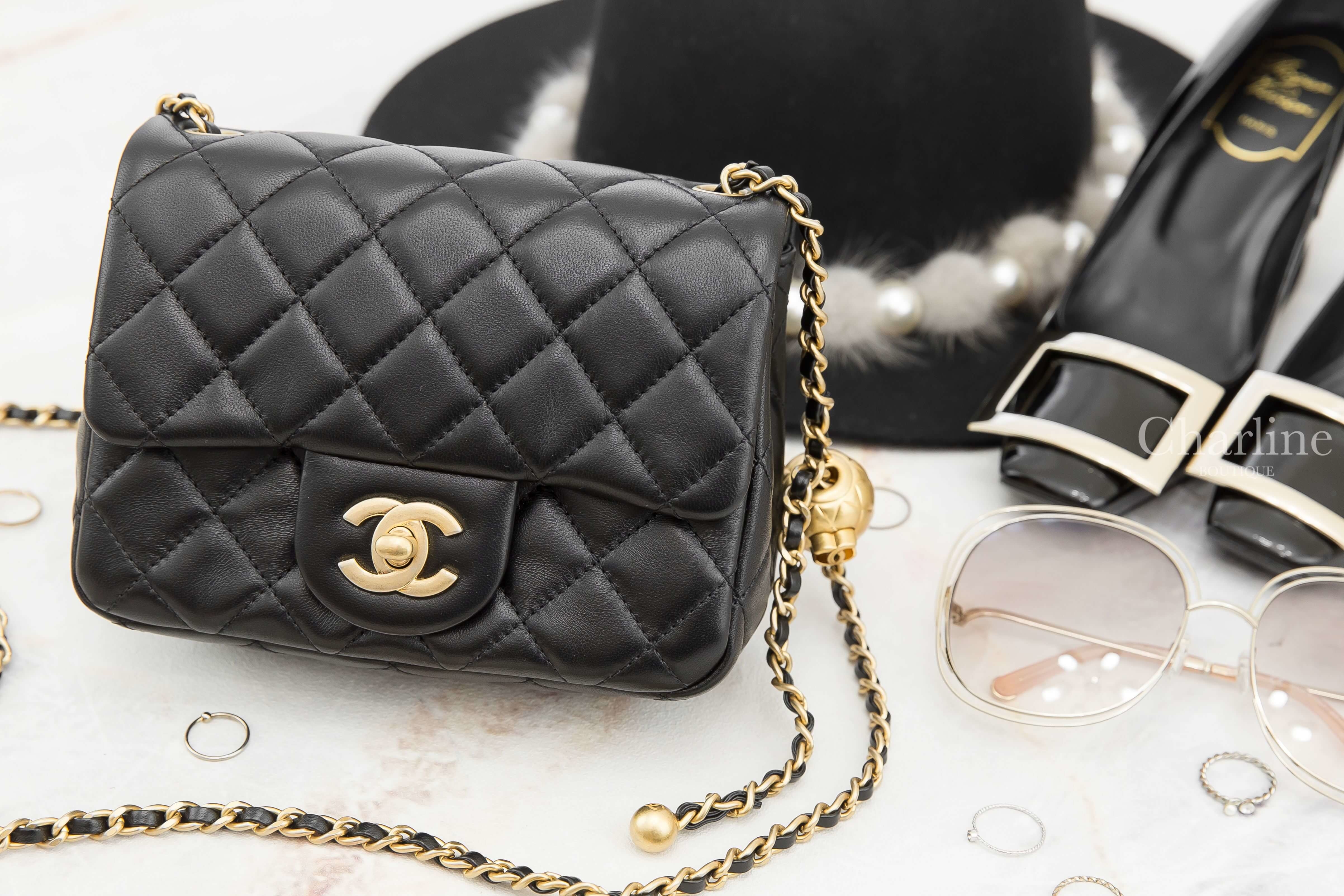 Chanel Flap Bag 黑色金CC金色小珠鍊帶小羊皮菱格紋肩背包-Charline Boutique 精品代購