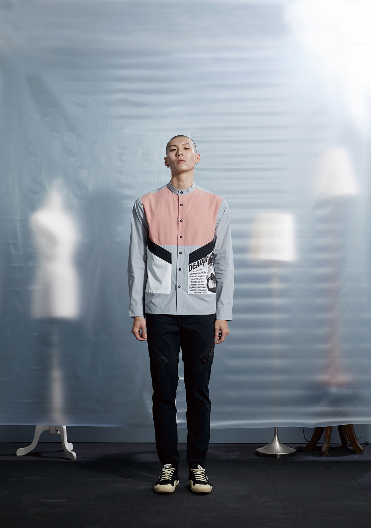 立領不對稱口袋襯衫 - 淺灰