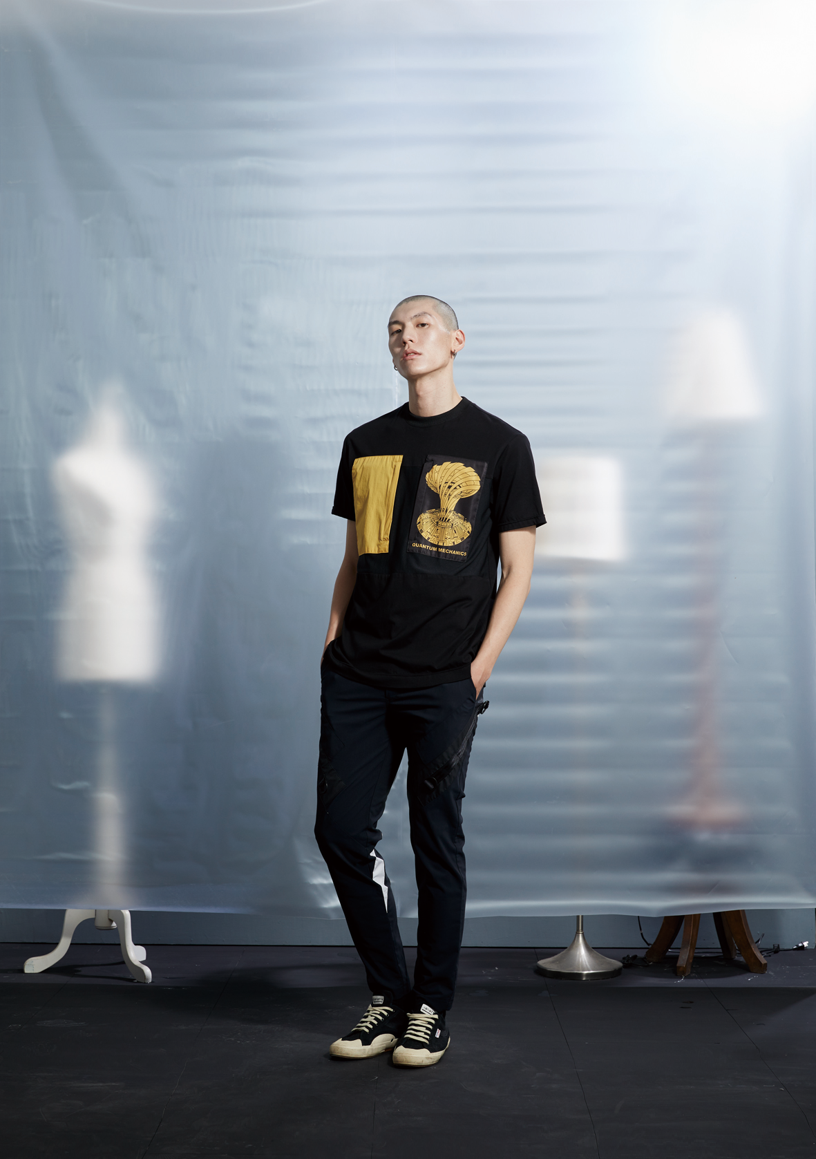 斜條剪接褲 - 黑