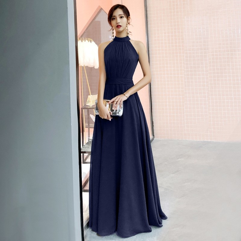 雪紡皺褶 削肩洋裝(長/短)(綠/藍/黑)