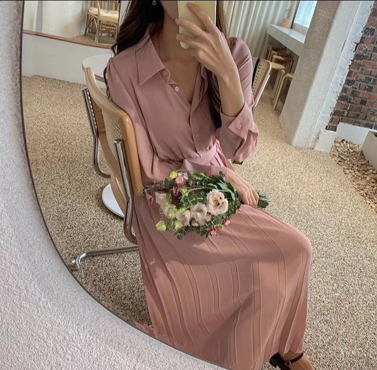 直播大熱門仙女下凡柔粉襯衫百摺洋