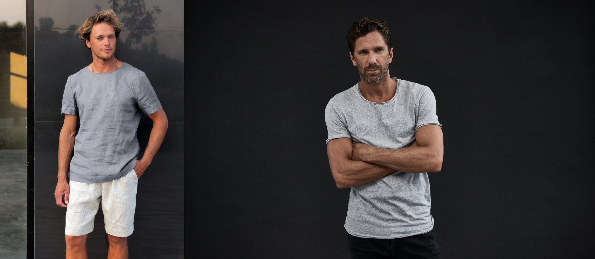 灰色素T搭配白色或黑色的休閒褲,整體造型看起來更吸睛。