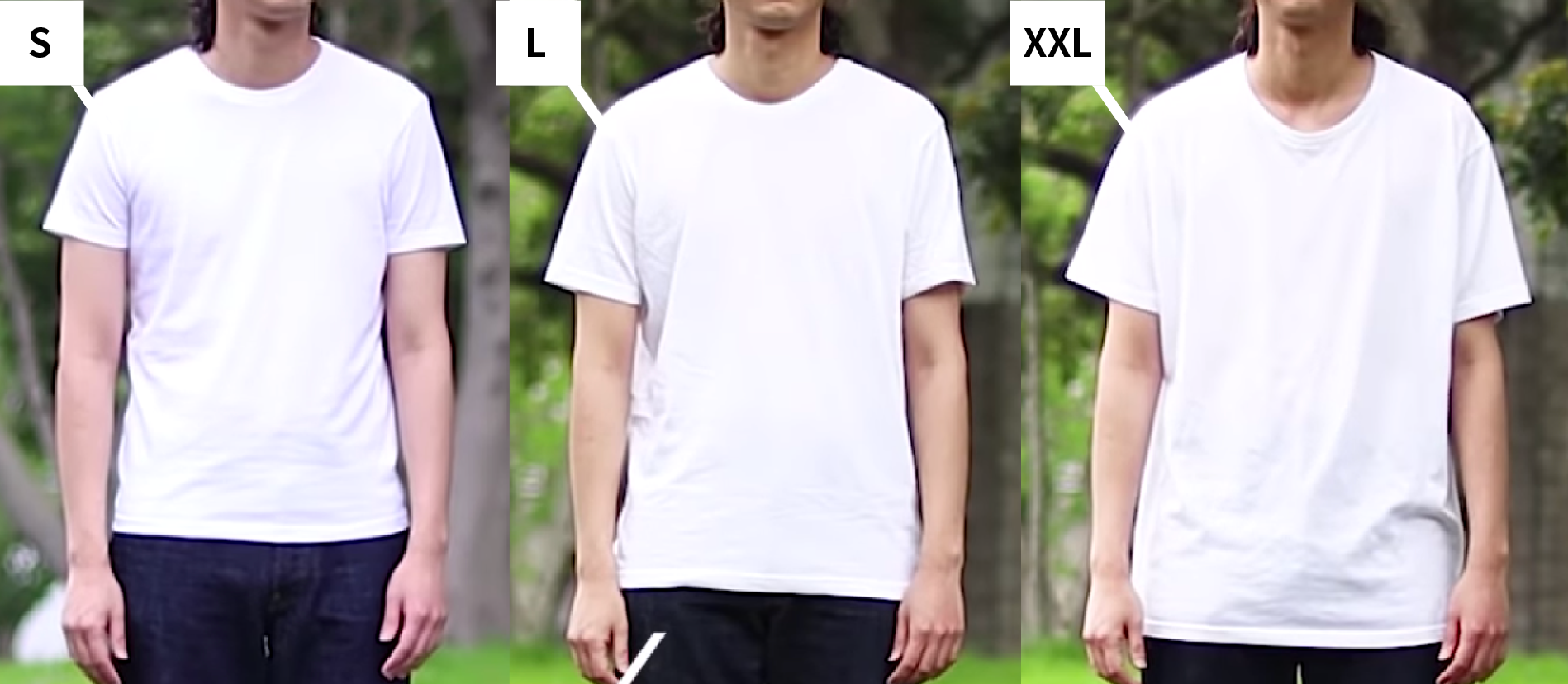 三種尺寸的素色T恤S、L、XXL,穿搭方式也截然不同