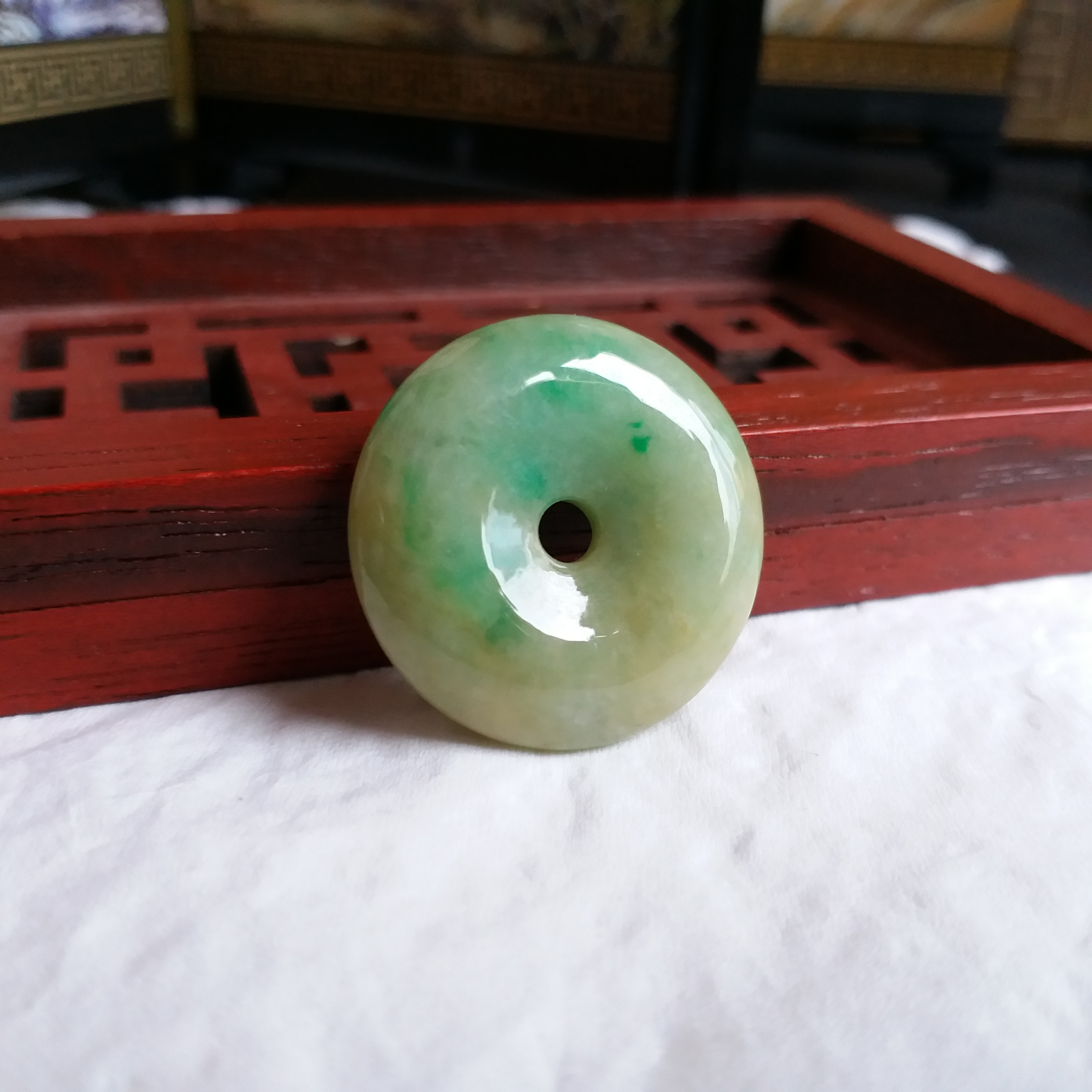 冰糯黃加綠飄花平安扣 (26.3mm直徑), 天然翡翠A玉, 緬甸玉, Jade, Jadeite