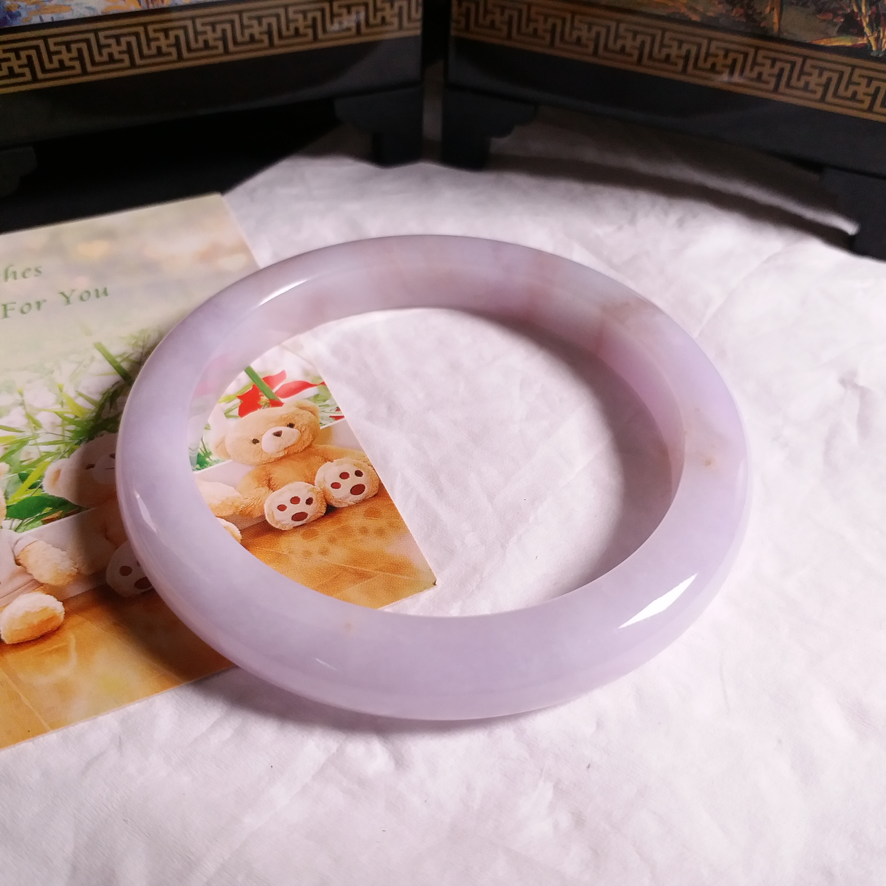 J1555 冰糯粉紫飄紅翡翠玉鐲 56.87mm (1.55)