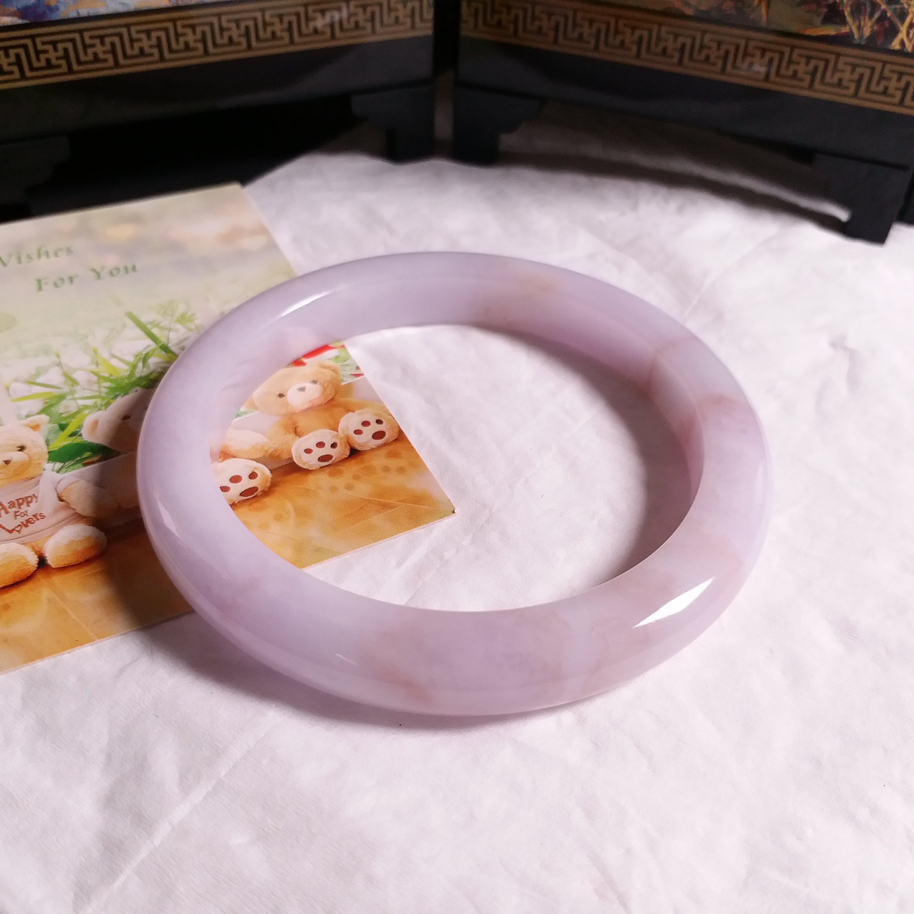 J1555 冰糯粉紫飄紅翡翠玉鐲 56.87mm (1.55)