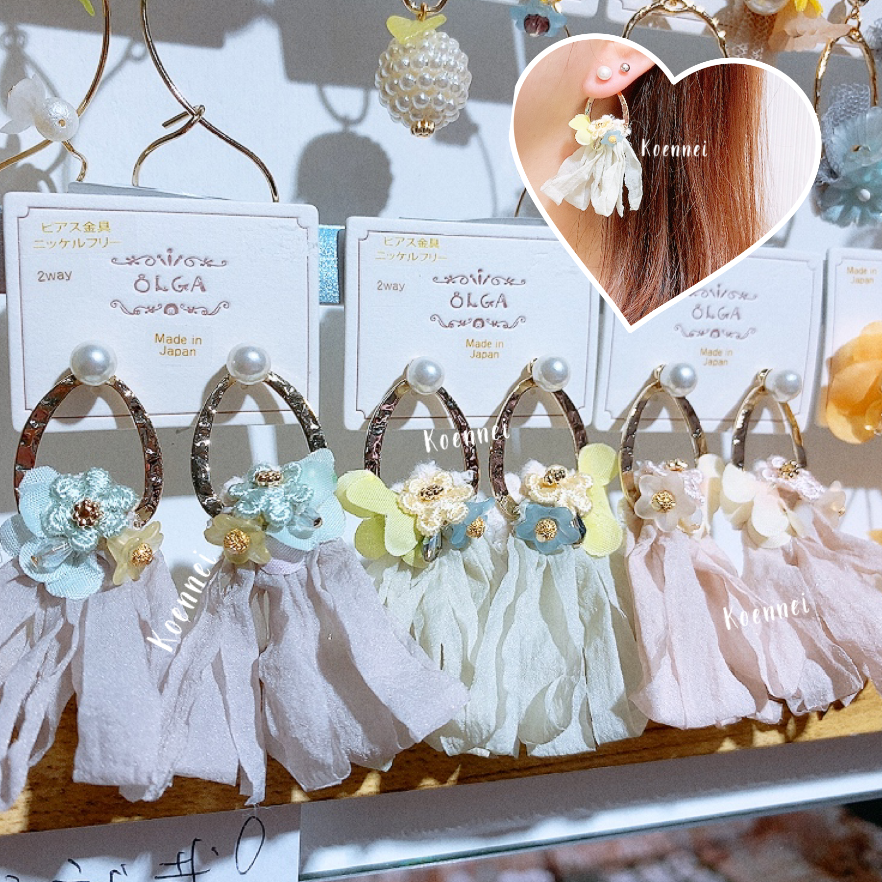 [日本制] 人造花布條2WAY耳環 (防敏感)