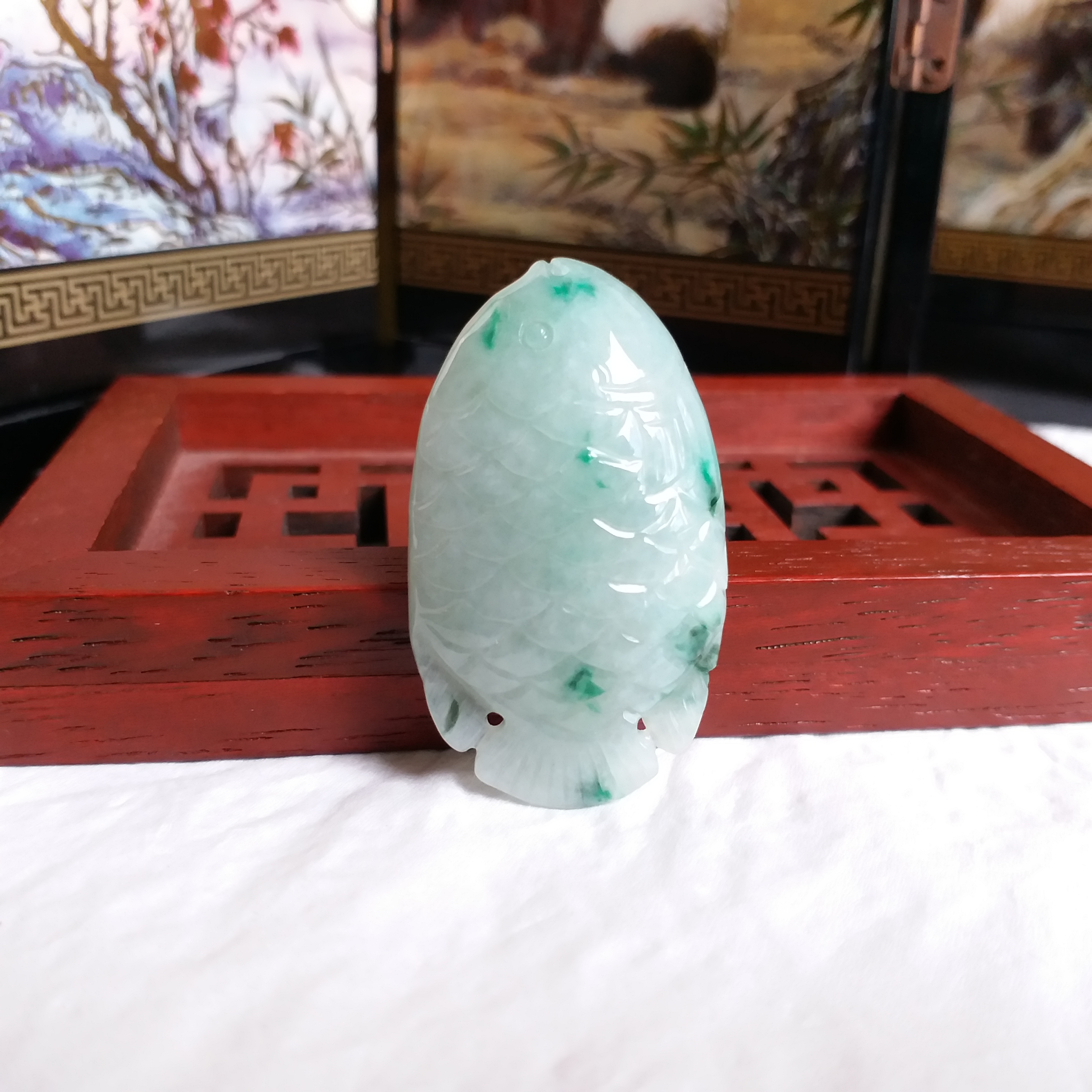 冰糯飄綠富貴長壽魚吊墜, 天然翡翠A玉, 緬甸玉, Jade, Jadeite