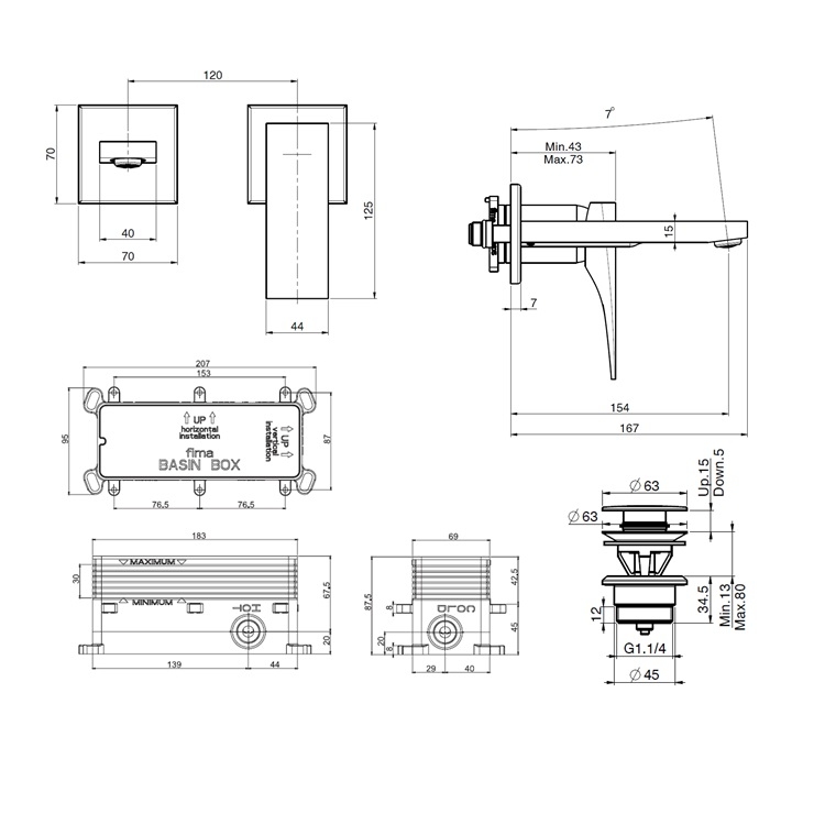 Fima Carlo Frattini "Zeta" F3971X8CR + F3520CR Wall Mounted Basin Mixer w/ click clack pop-up waste (155mm) * Display Item *