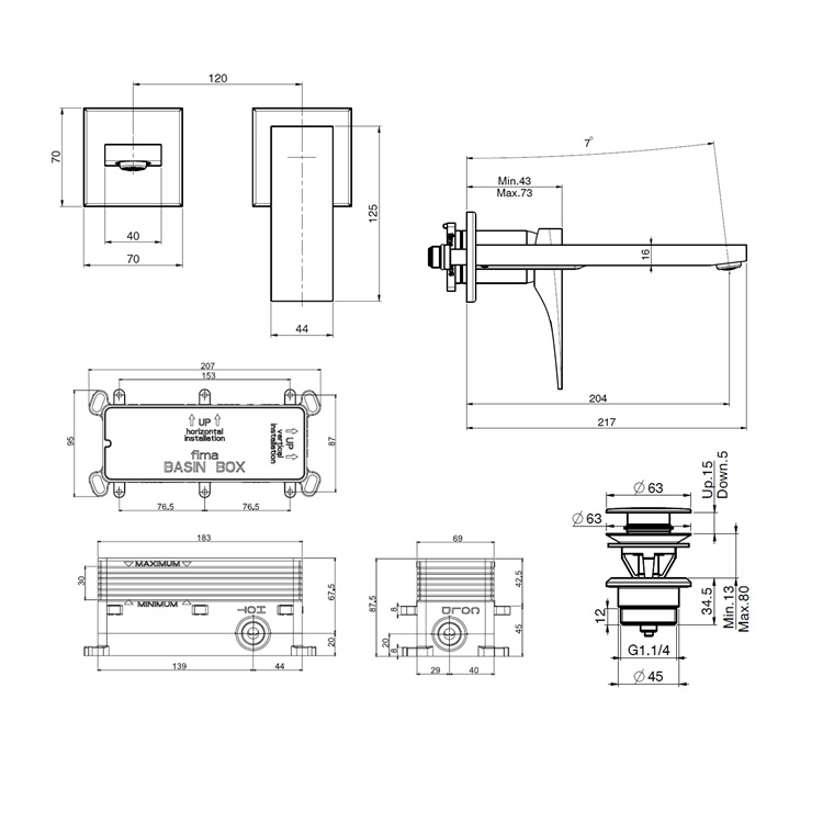 Fima Carlo Frattini "Zeta" F3971LX8CR + F3520CR Wall Mounted Basin Mixer w/ click clack pop-up waste (204mm) * Display Item *