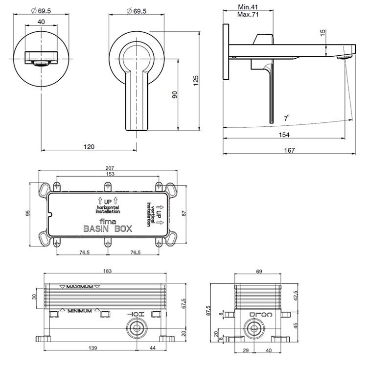 Fima Carlo Frattini "Mast" F3141X8CR + F3520CR Wall Mounted Basin Mixer w/ click clack pop-up waste (154mm) * Display Item *
