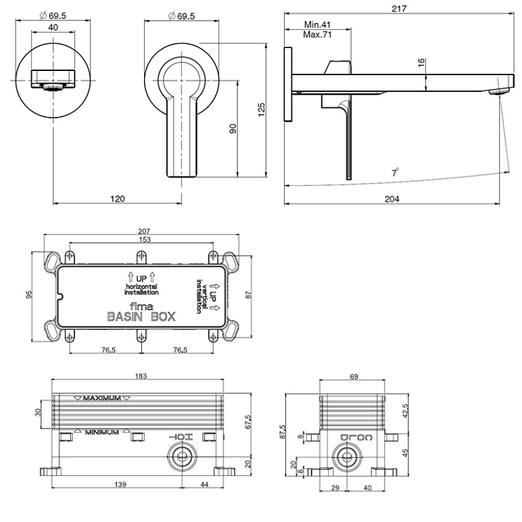 Fima Carlo Frattini "Mast" F3141LX8CR + F3520CR Wall Mounted Basin Mixer w/ click clack pop-up waste (204mm)
