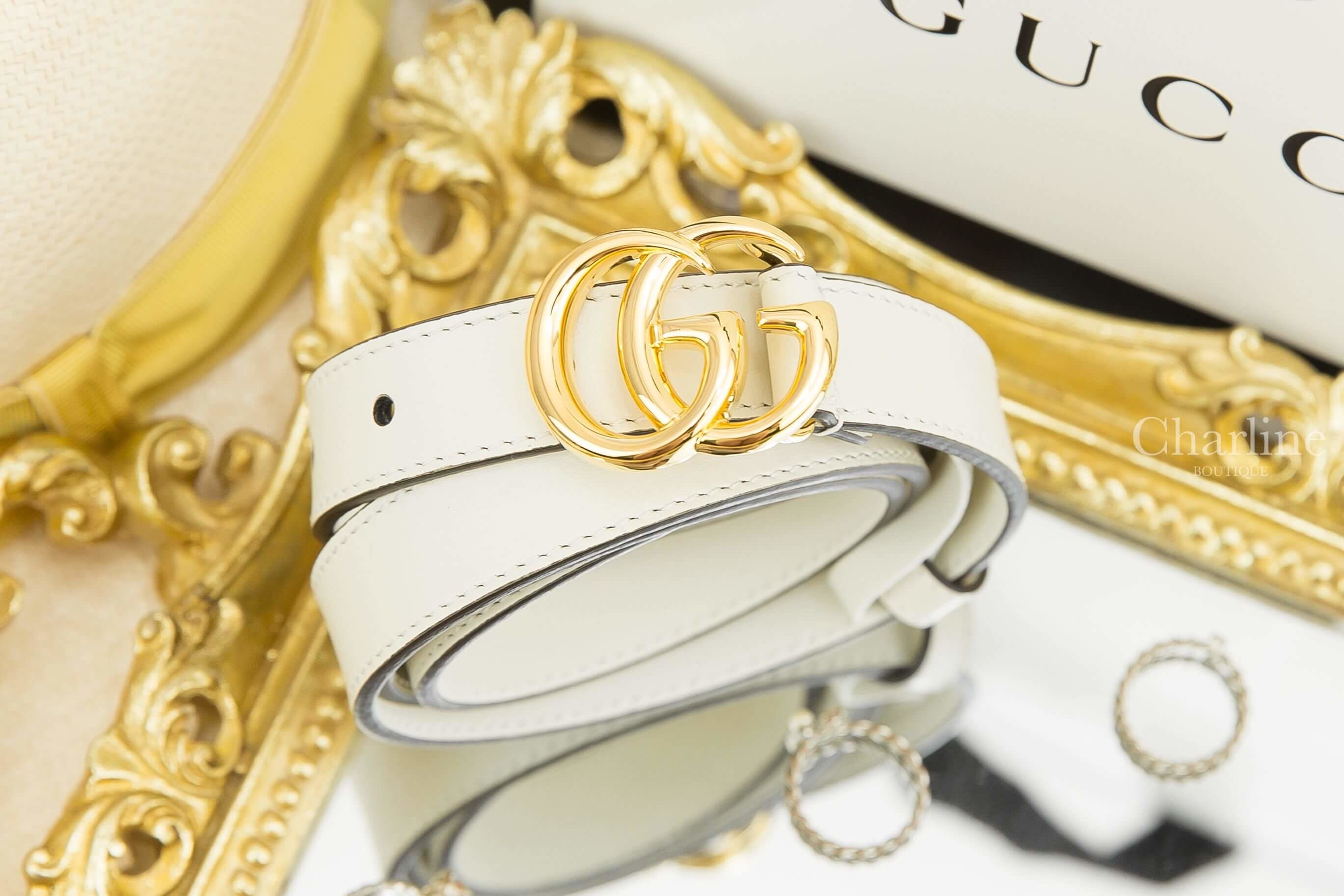 Gucci Leather Belt With Double G Buckle 白色金GG Logo細版2cm小牛皮皮帶