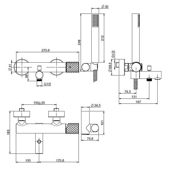 Fima Carlo Frattini "SpilloTech" F3034XCR Bath Mixer w/ Hand Shower Set