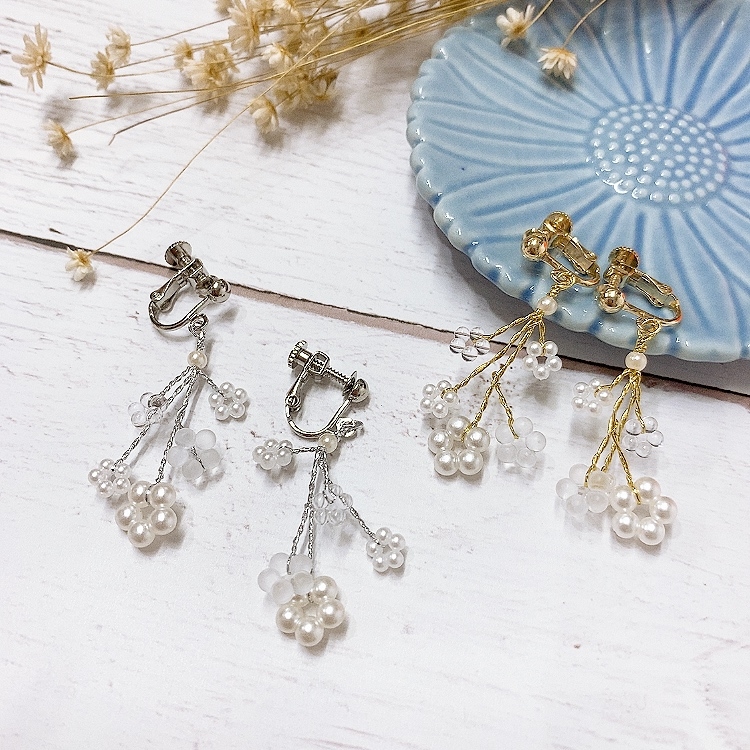 [日本制]輕熟珠粒花束耳夾耳環(可轉針)