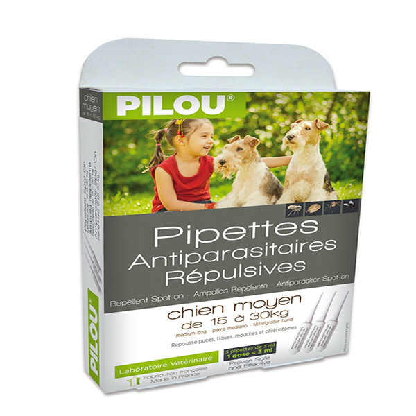 法國皮樂Pilou 第二代加強配方-除蚤滴劑-中小型犬用(3支各3ml-15kg上下）