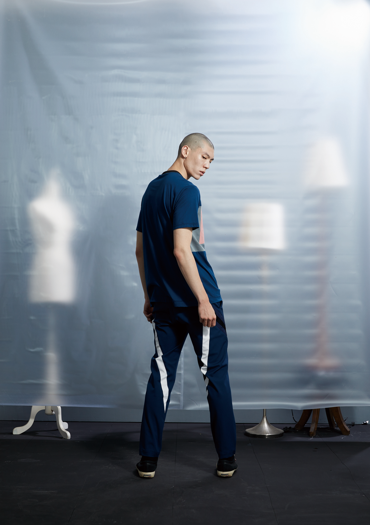 斜條剪接褲 - 藍