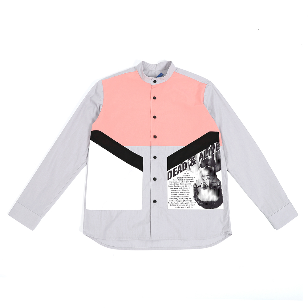 立領不對稱口袋襯衫 - 淺灰