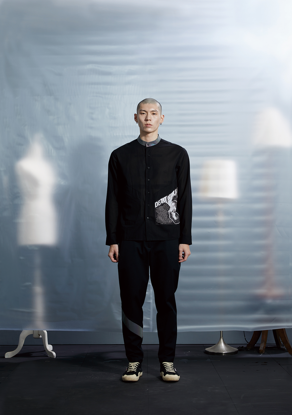 剪接反光修身褲 - 黑