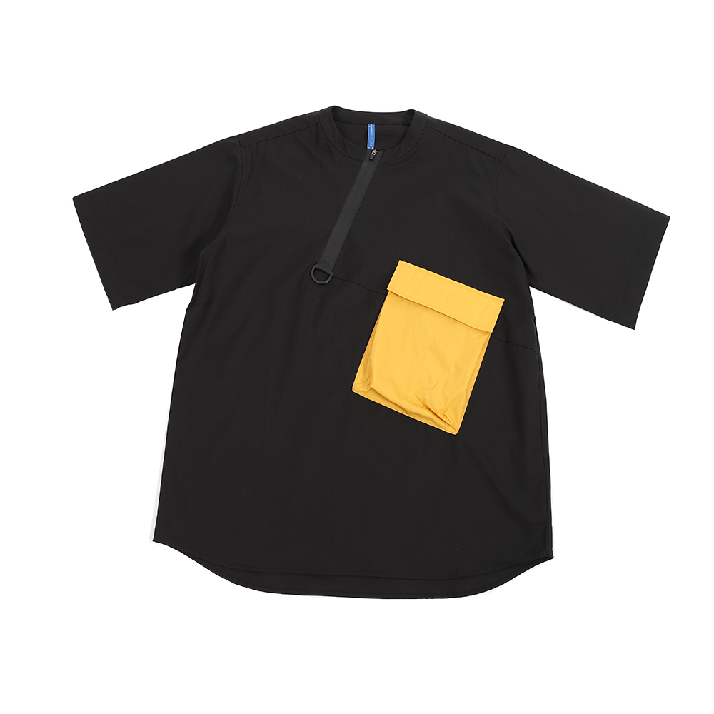 拉鍊半斜襟上衣 - 黑