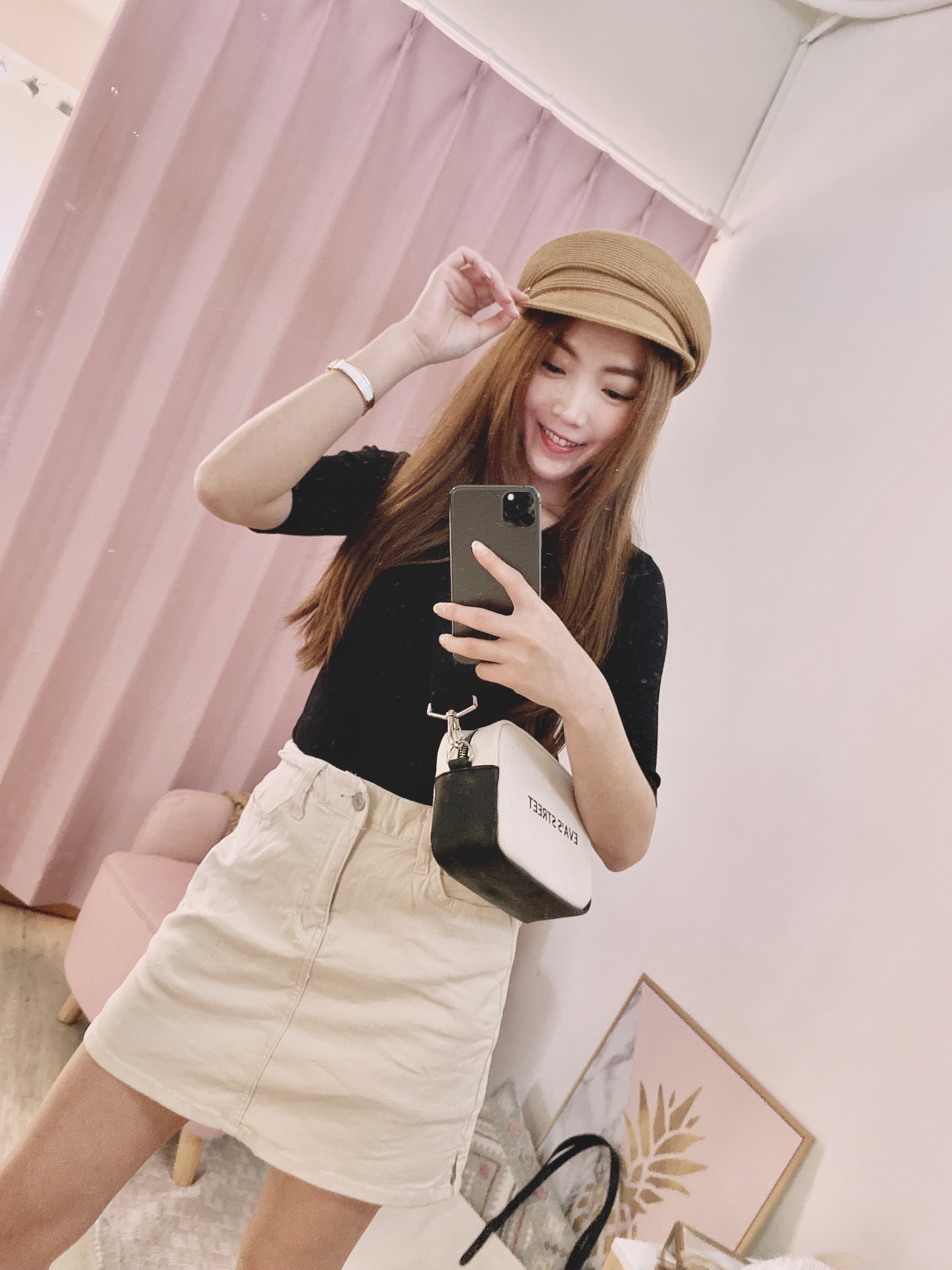 韓妞超彈性奶油系牛仔短褲裙