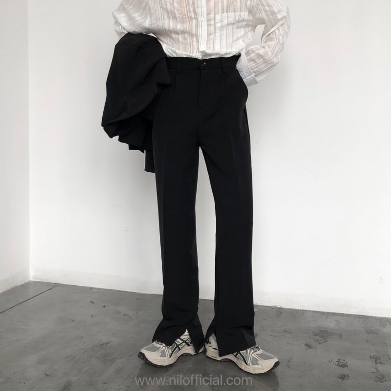 韓國 直筒 側開岔 闊腿褲 西裝褲