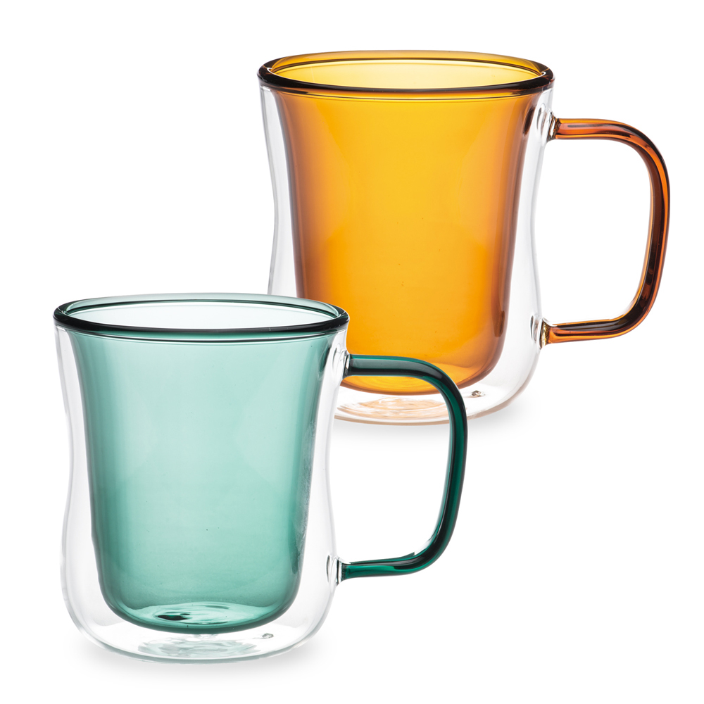 恬靜雙層隔熱撞色有柄玻璃杯 380ML