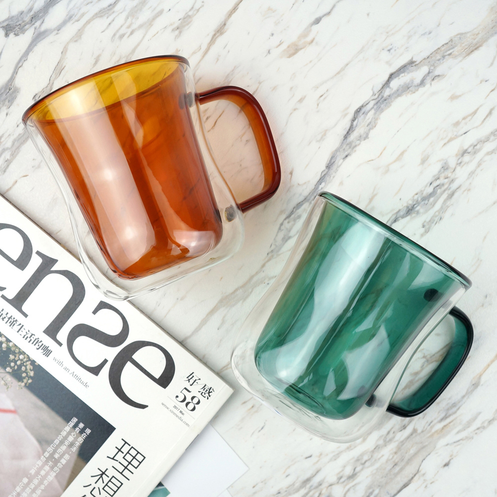 恬靜雙層隔熱撞色有柄玻璃杯 380ML