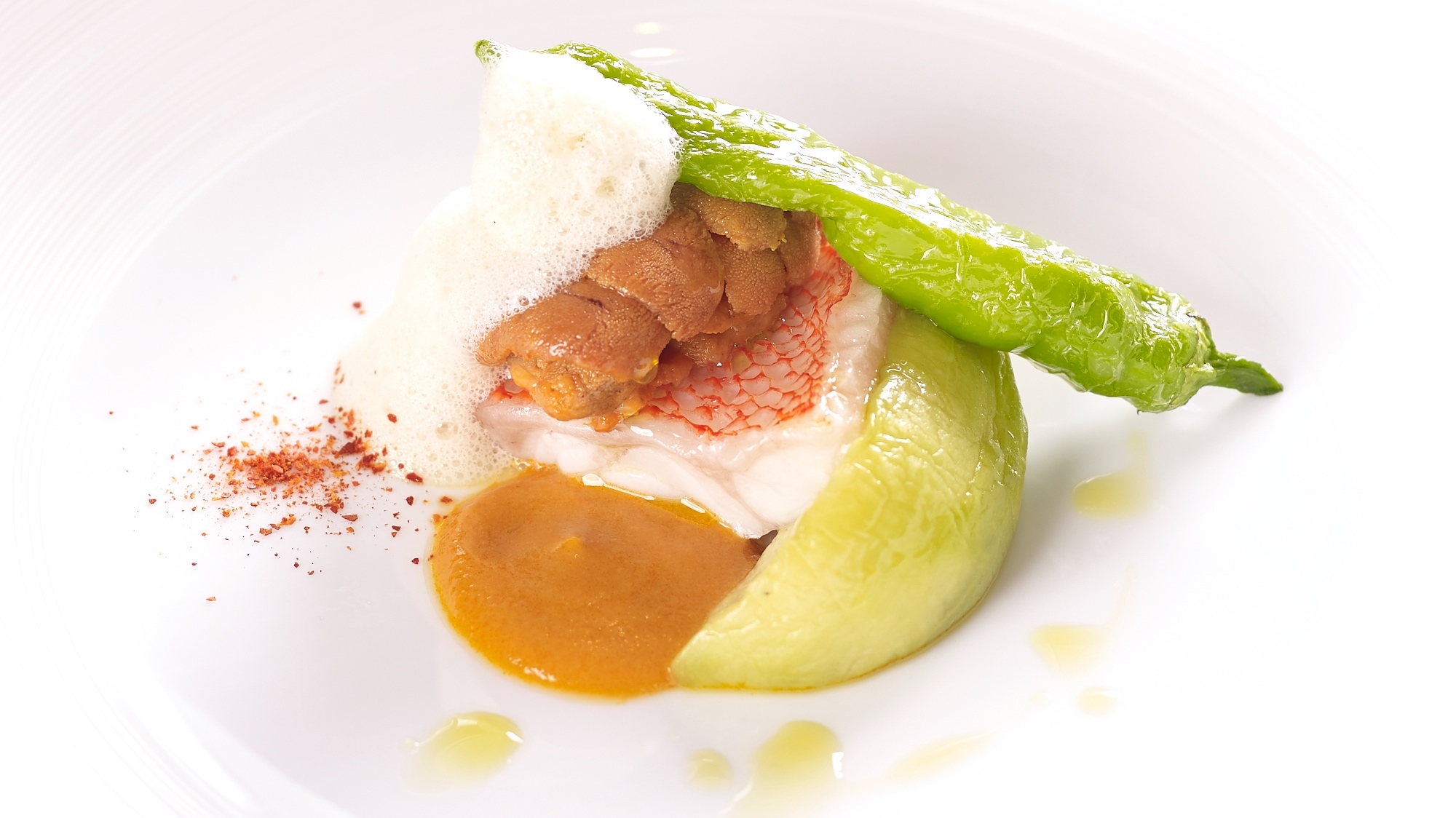 Abashiri Kinki Fish with Red Paprika and Raw Ginger Sauce