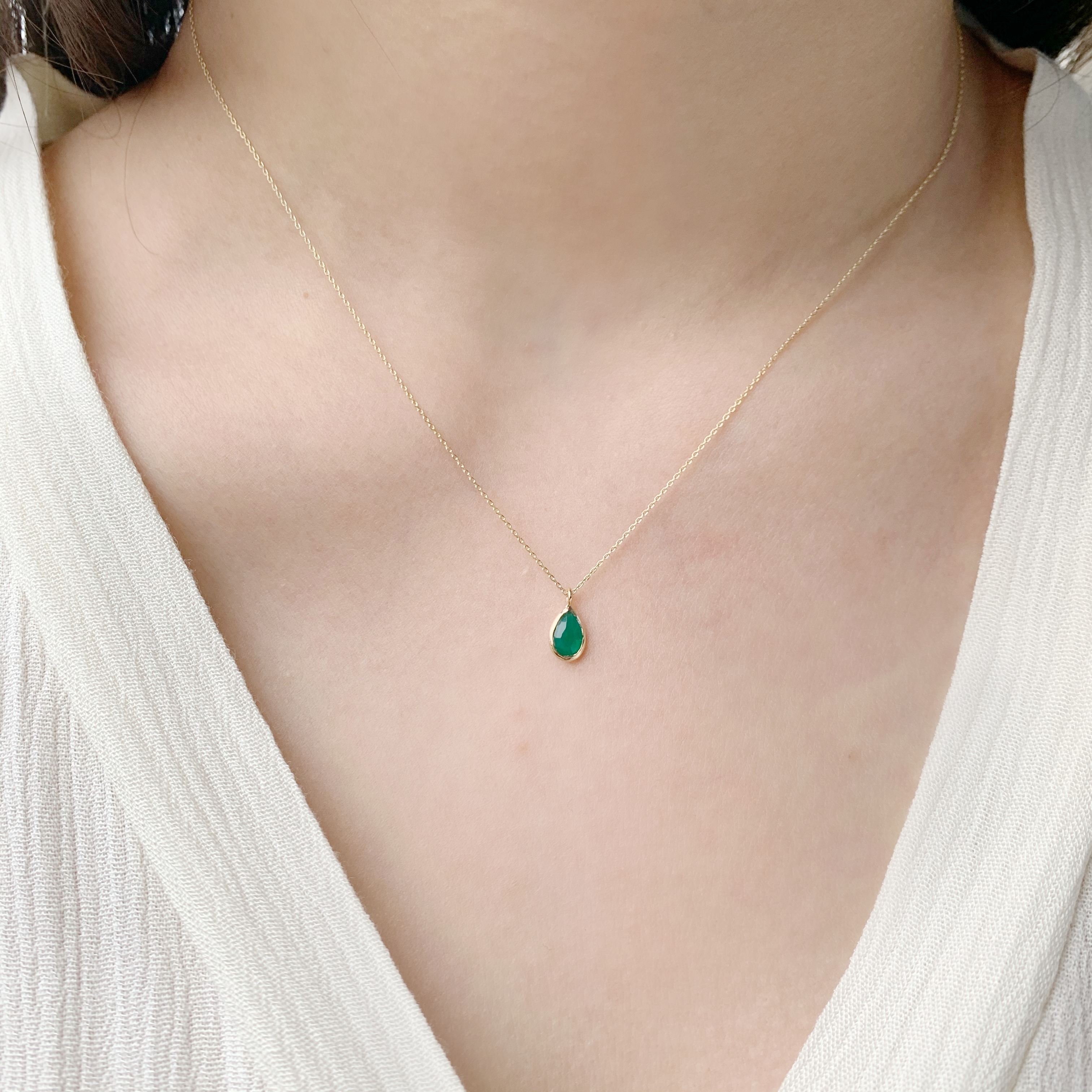 14K簡約包邊水滴綠瑪瑙鎖骨鍊