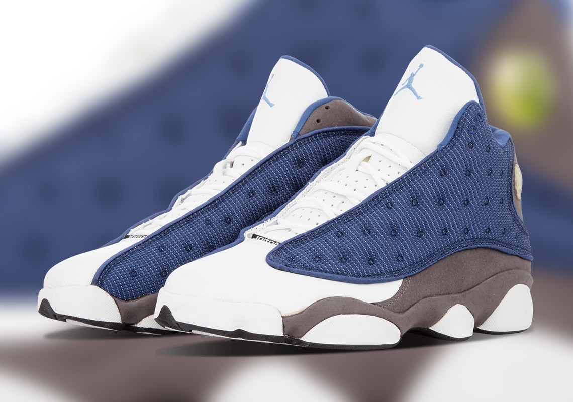 white and blue jordans 13