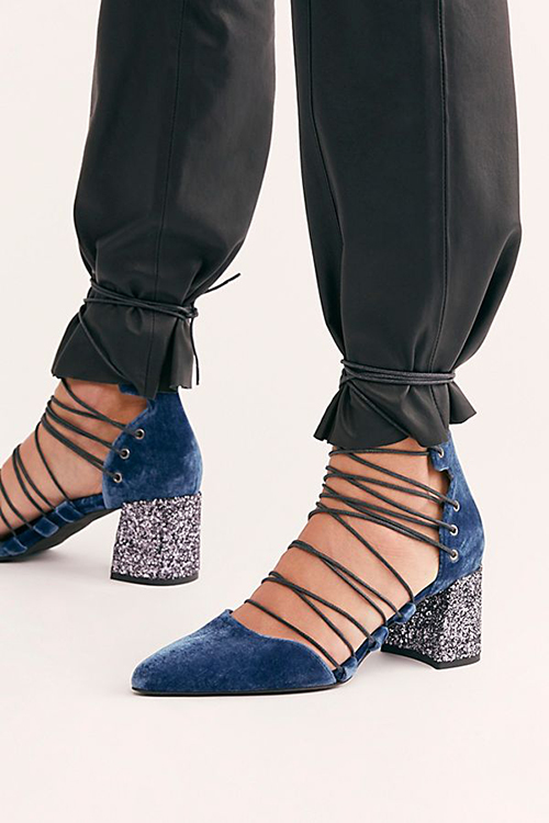 Royal Blue 蔚藍 Lace Up 金蔥閃亮亮粗跟跟鞋 Heels