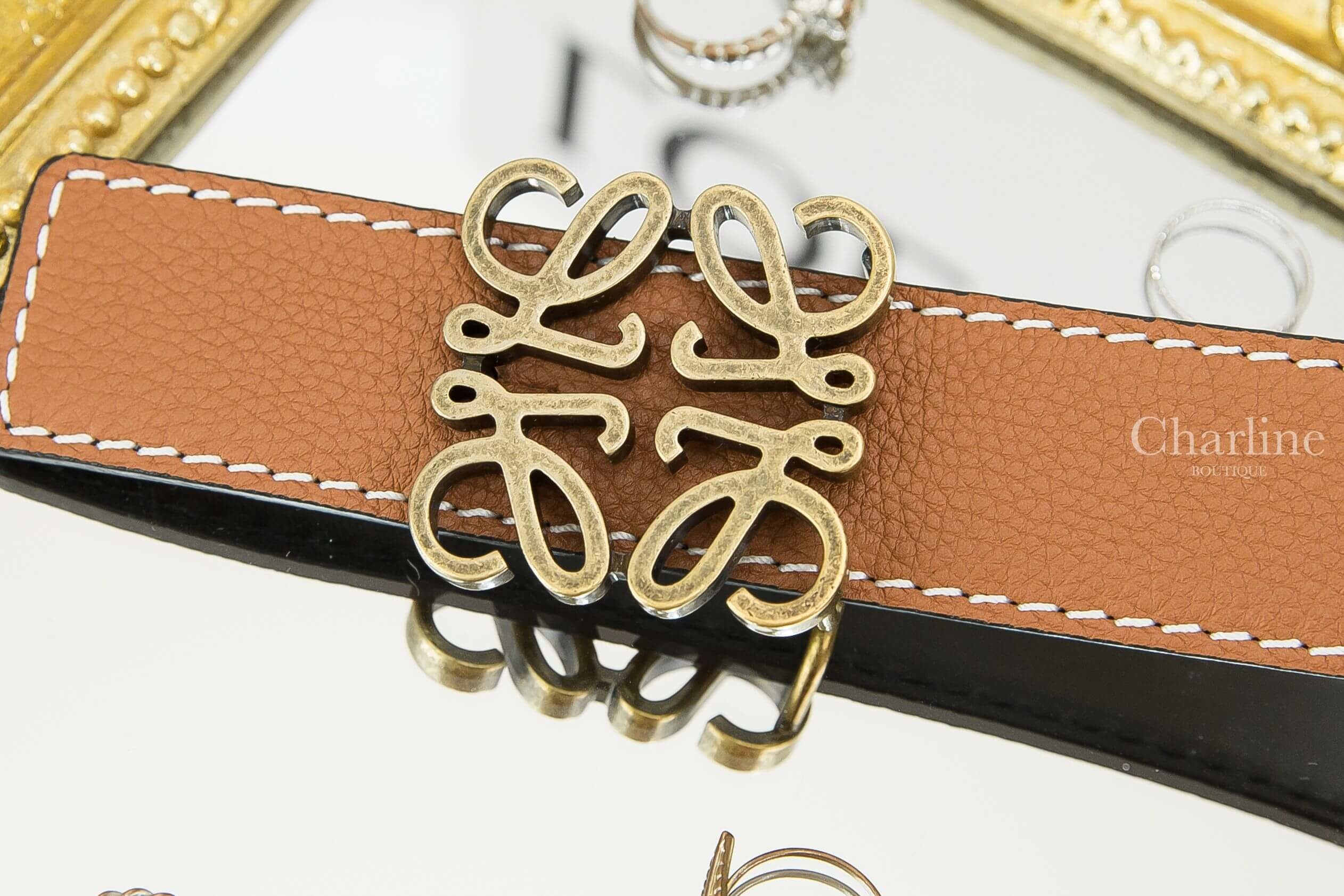 Loewe Anagram Belt 3.2 Cm Tan/Black/Old Gold 焦糖色/黑色小牛皮古銅金Logo皮帶