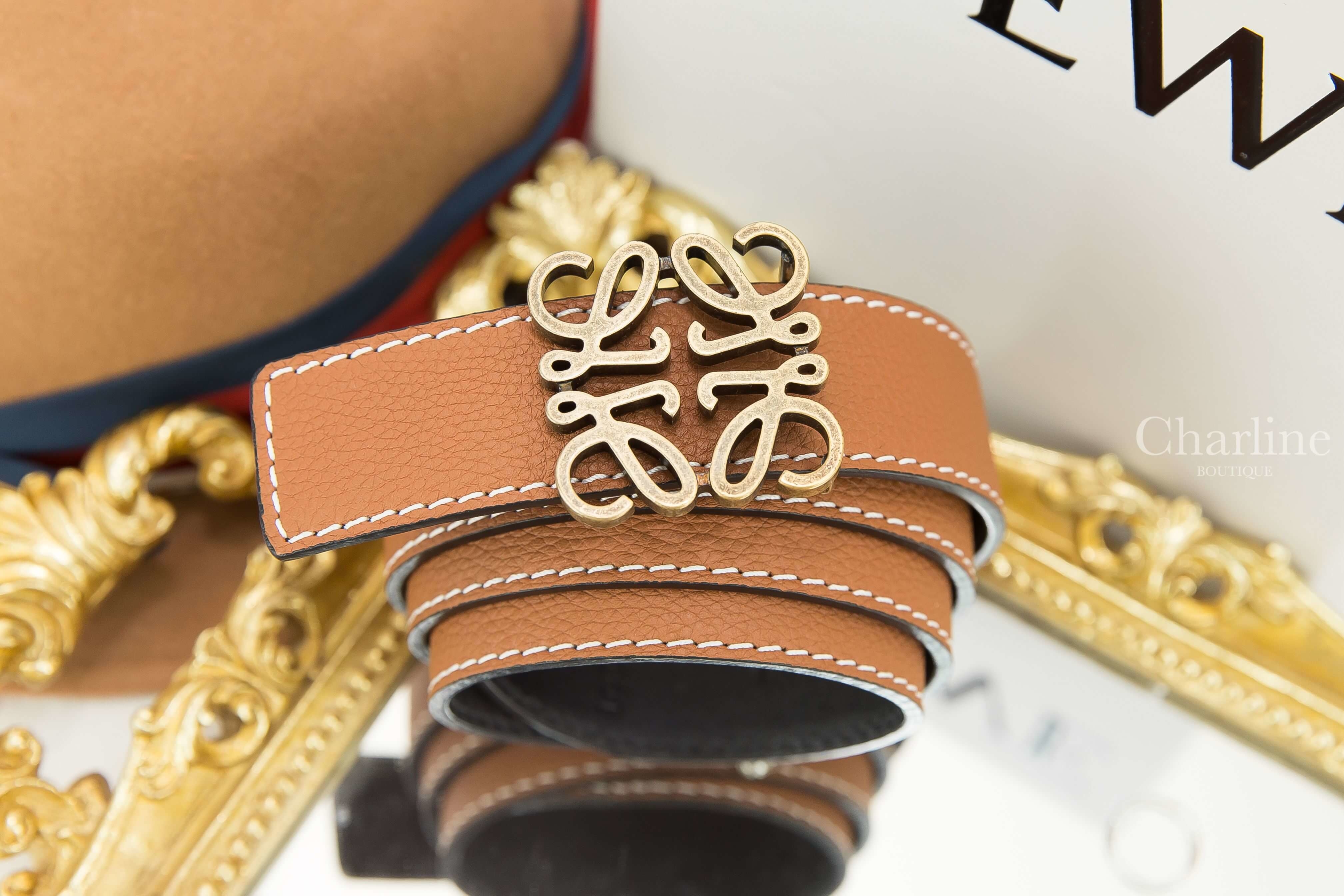 Loewe Anagram Belt 3.2 Cm Tan/Black/Old Gold 焦糖色/黑色小牛皮古銅金Logo皮帶