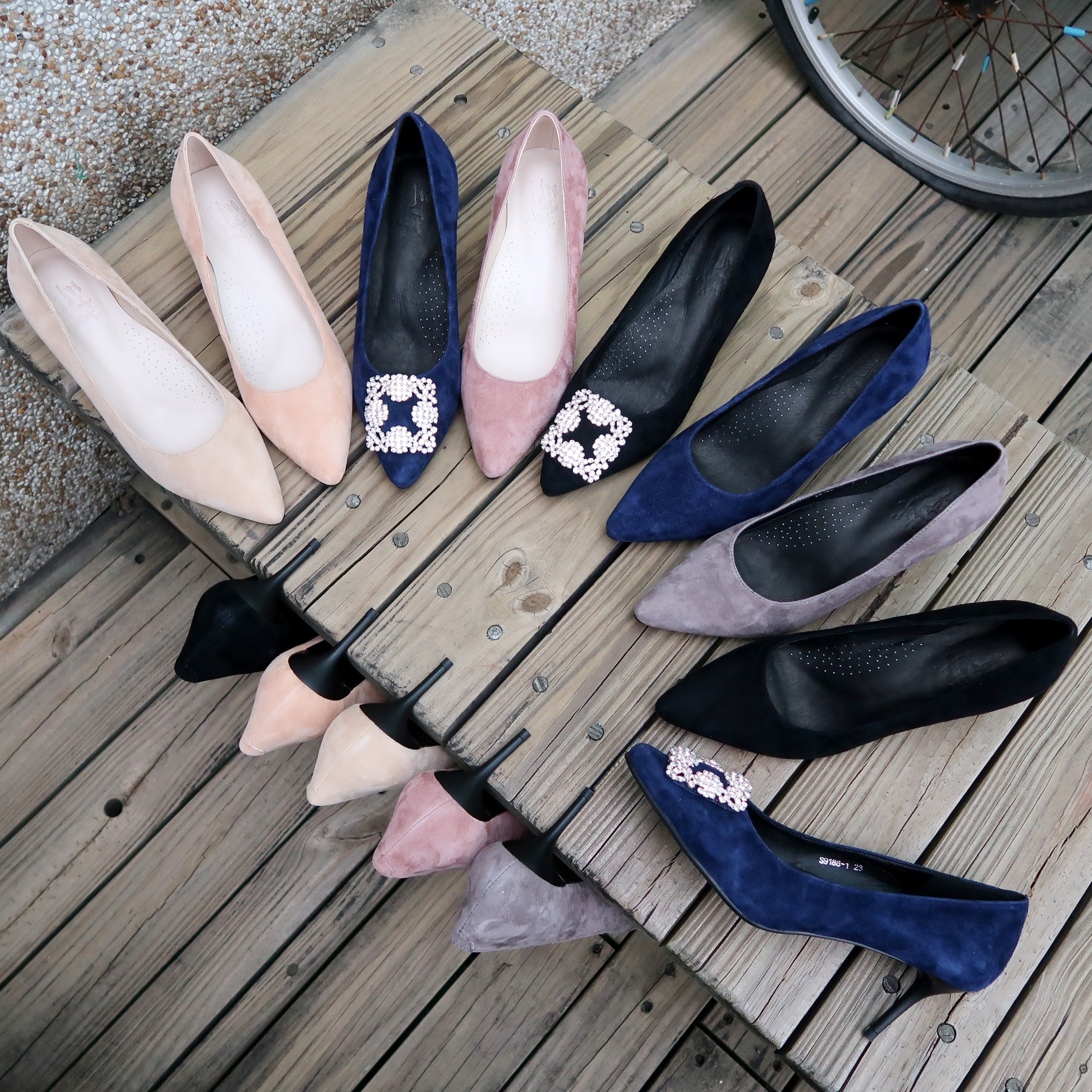 【下午茶之約】全真皮絲絨羊皮高跟鞋、方釦水鑽尖頭跟鞋磨砂羊皮、毛面羊皮