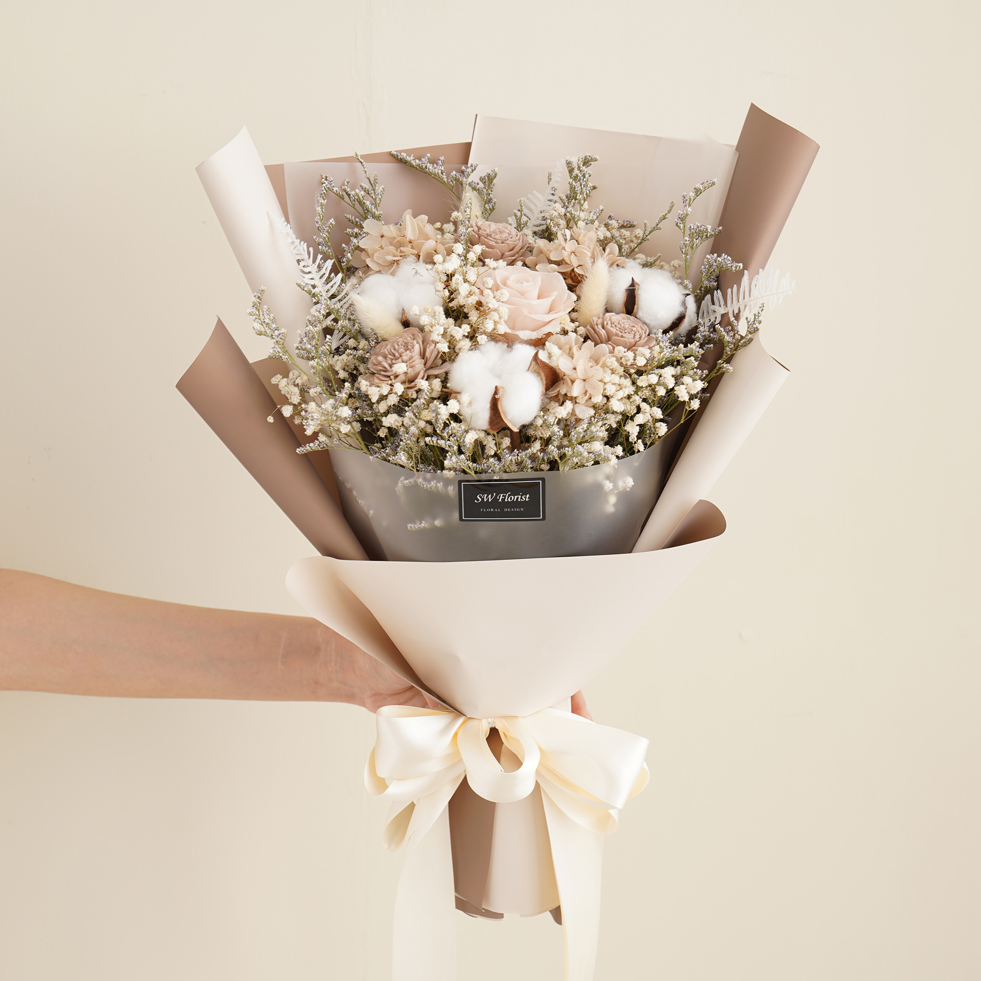 ｜經典奶茶色乾燥花束 不凋花 畢業花束 情人節禮物 求婚花束 大型花束｜