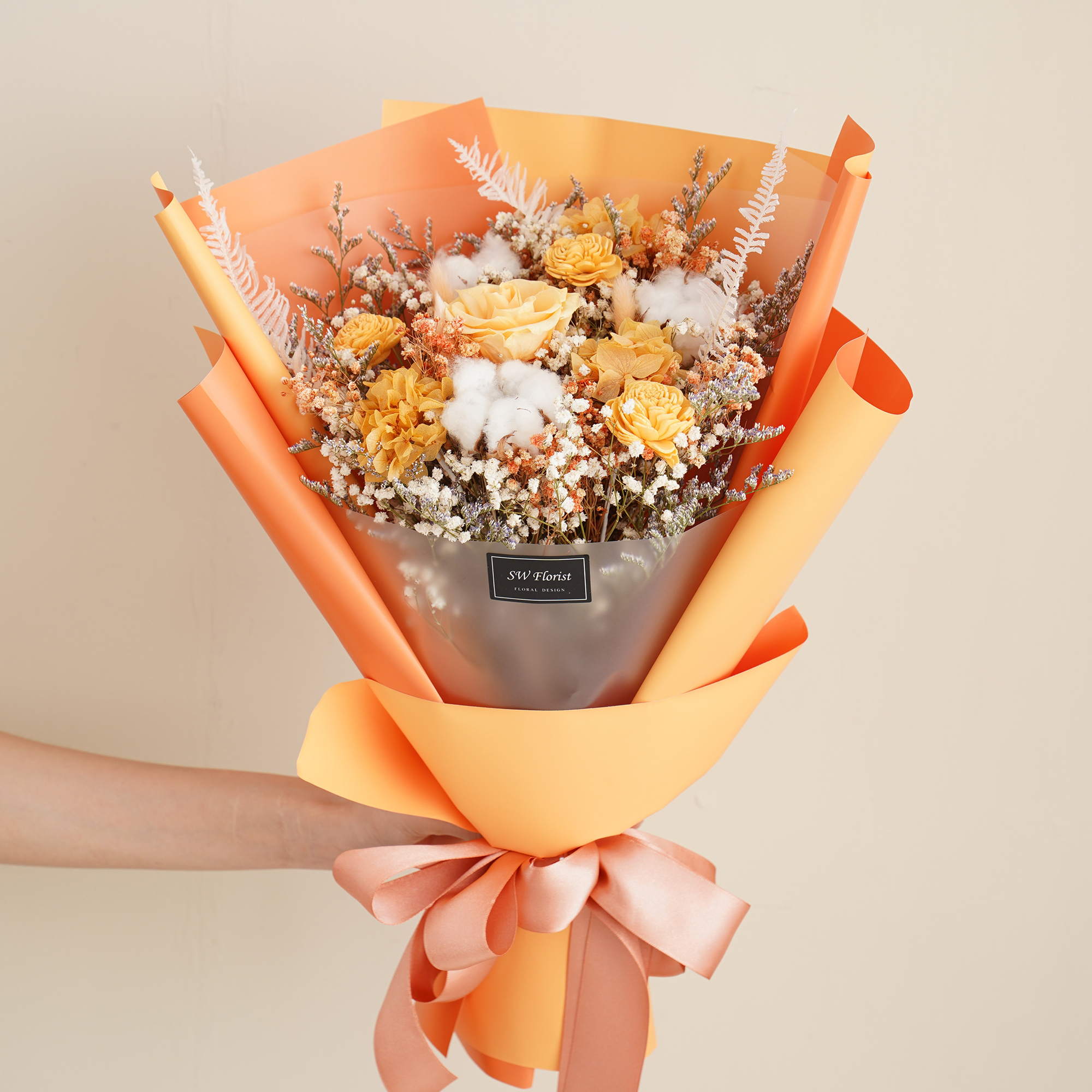 ｜經典哈密瓜橙乾燥花束 不凋花 畢業花束 情人節禮物 求婚花束 大型花束｜
