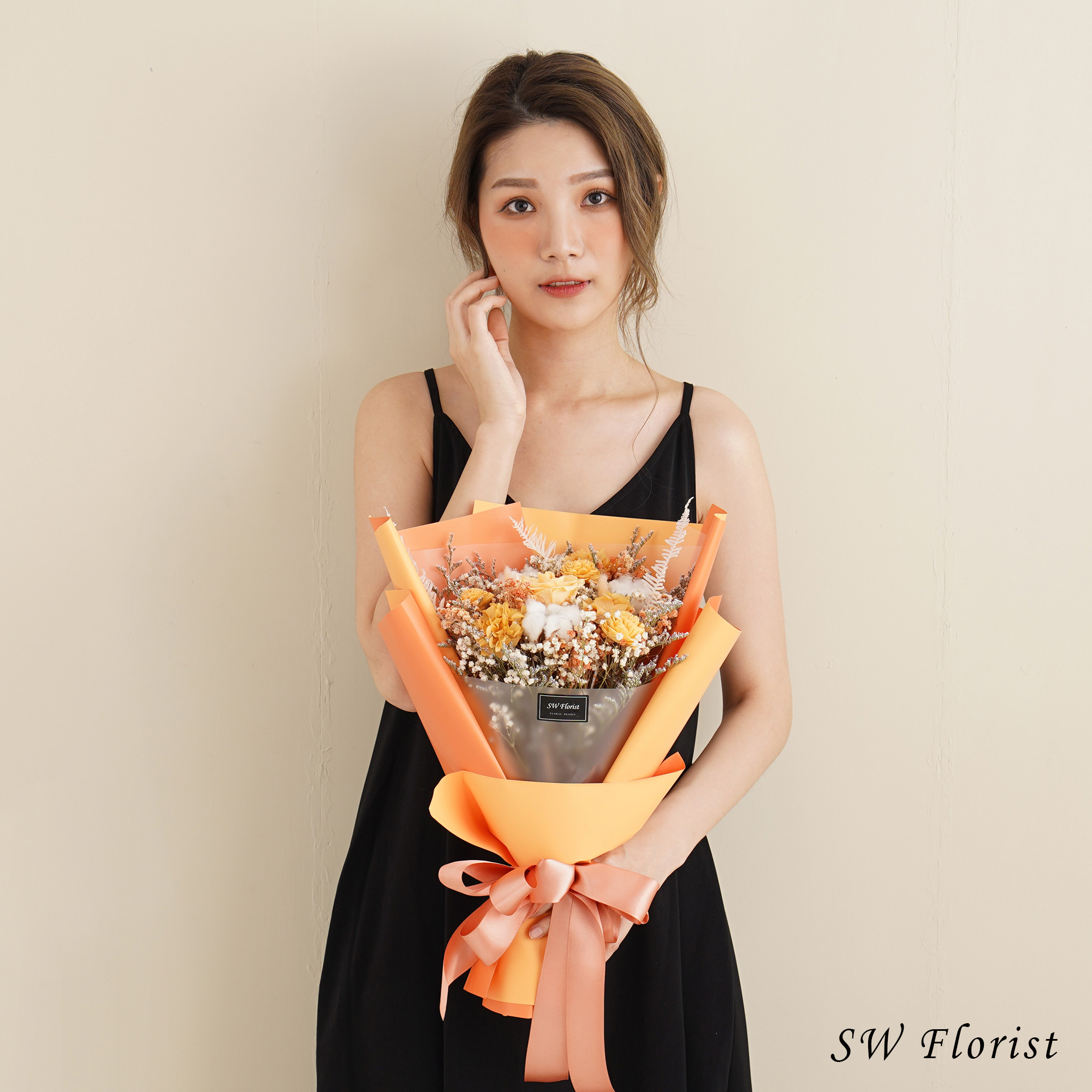 ｜經典哈密瓜橙乾燥花束 不凋花 畢業花束 情人節禮物 求婚花束 大型花束｜