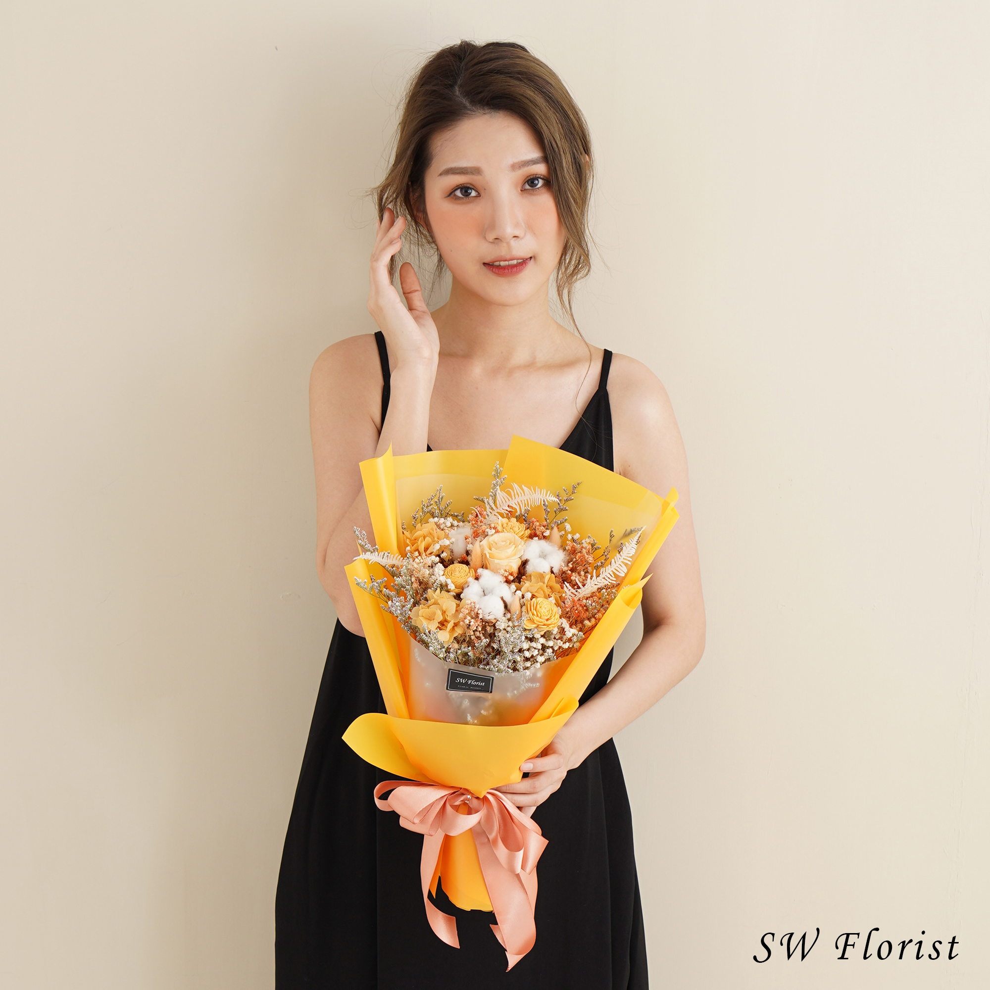 ｜韓式霧面香吉士橙色乾燥花束 不凋花 畢業花束 情人節禮物 求婚花束 大型花束｜