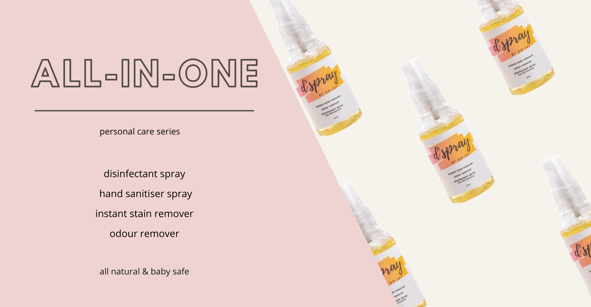 all in one disinfectant spray, hand sanitiser spray, instant stain remover, odour remover, all natural and baby safe, dd101