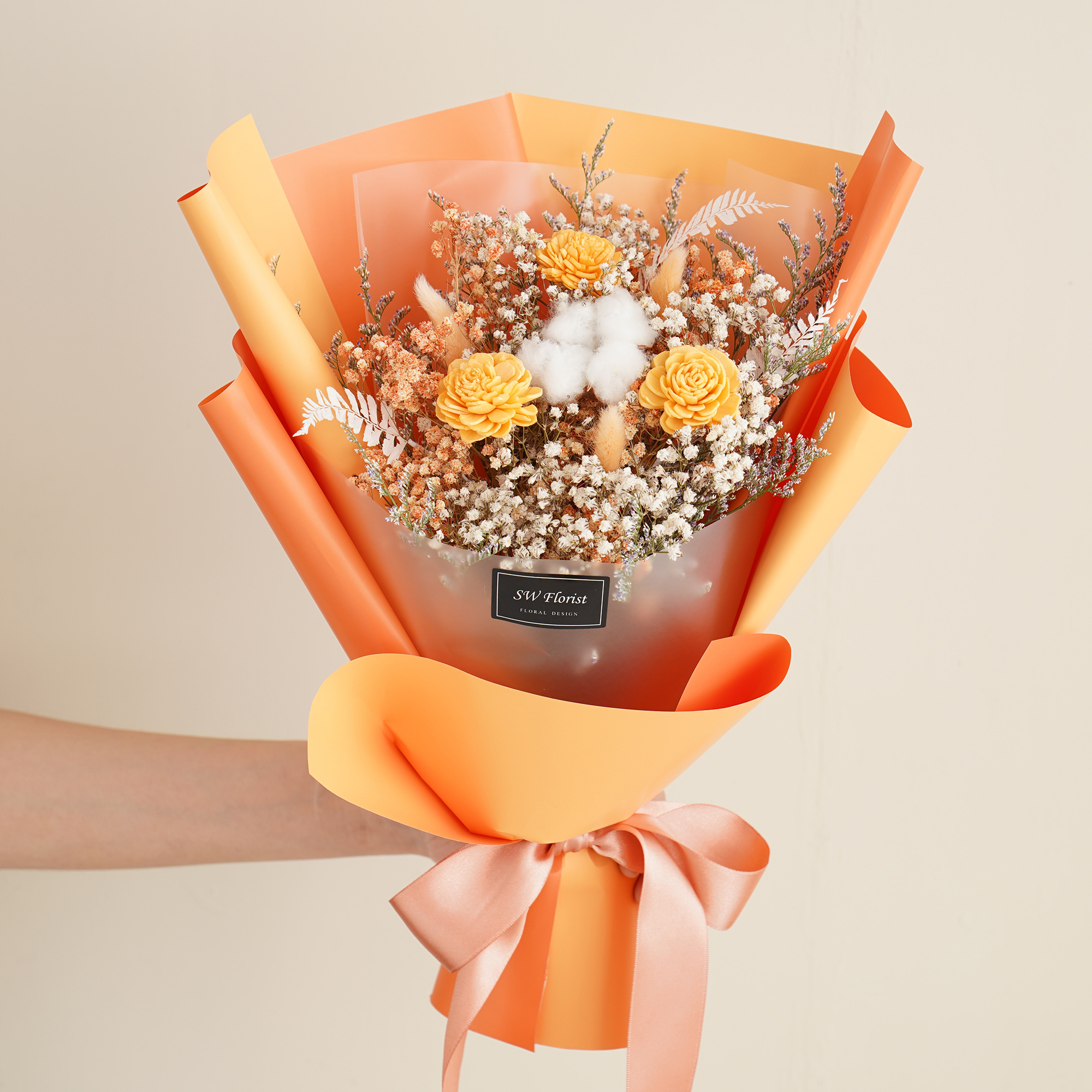｜經典哈密瓜橙乾燥花束 不凋花 畢業花束 情人節禮物 求婚花束 中型花束｜