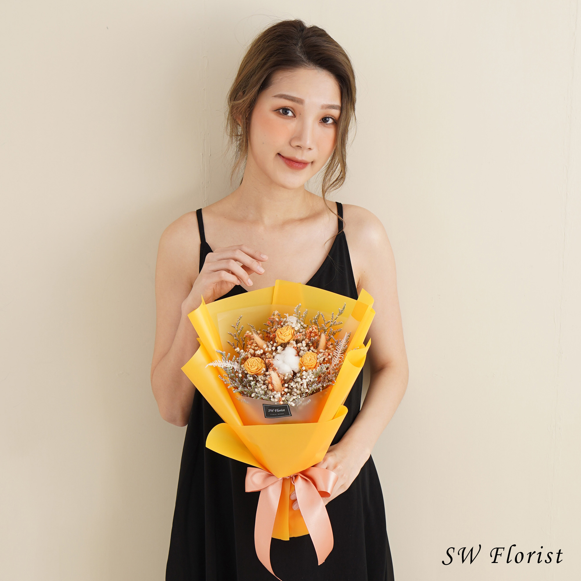 ｜韓式霧面香吉士橙色乾燥花束 不凋花 畢業花束 情人節禮物 求婚花束 中型花束｜