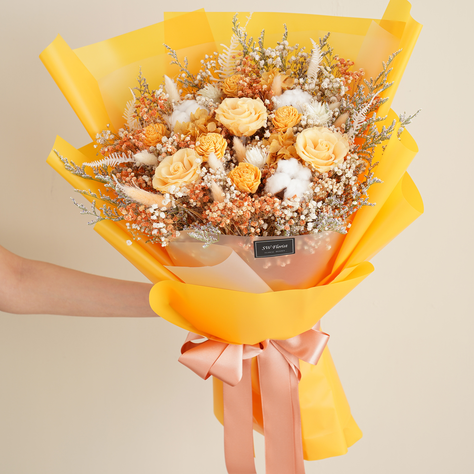 |韓式霧面-香檳橙色玫瑰-永生花-情人節禮物-求婚花束-特大|