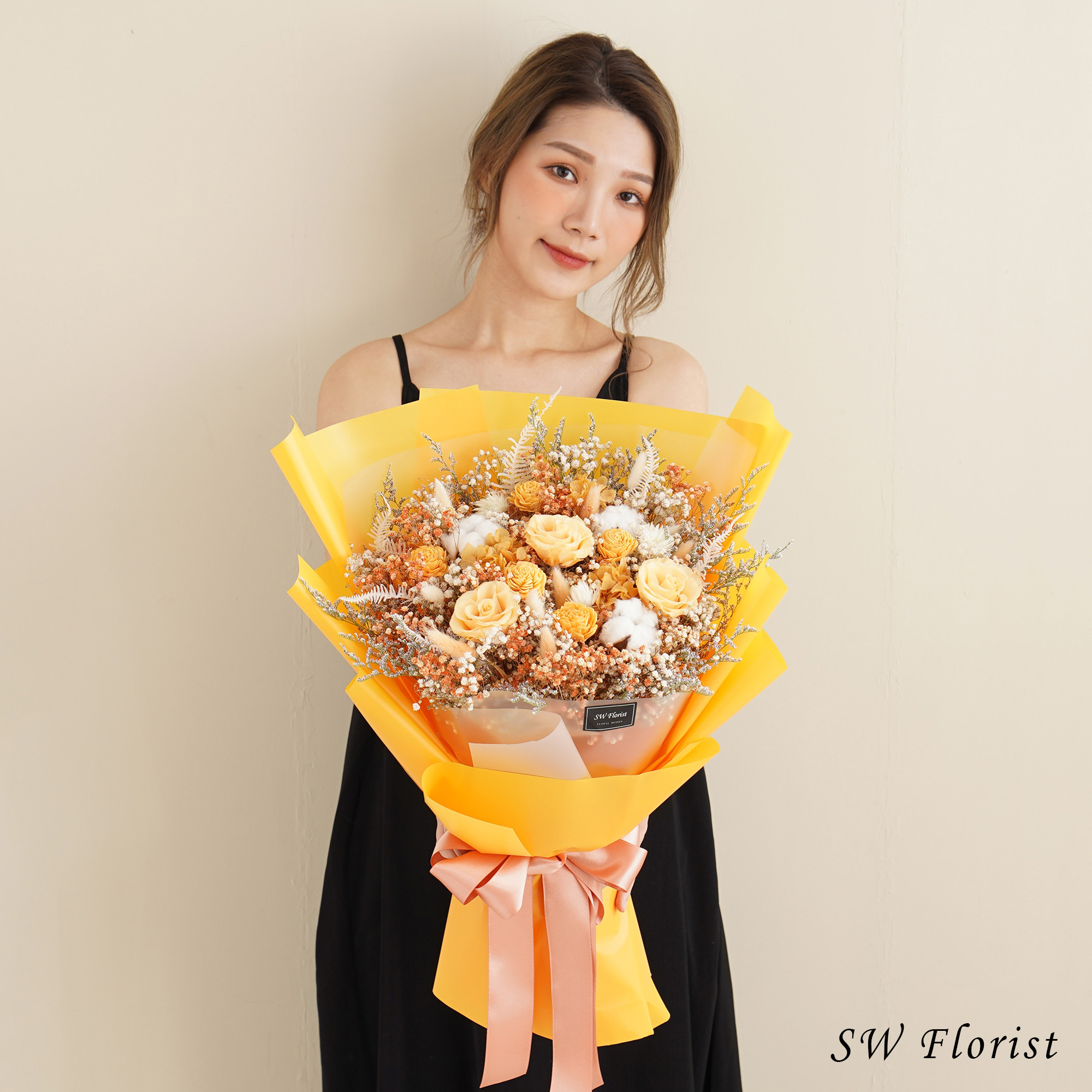 |韓式霧面-香檳橙色玫瑰-永生花-情人節禮物-求婚花束-特大|