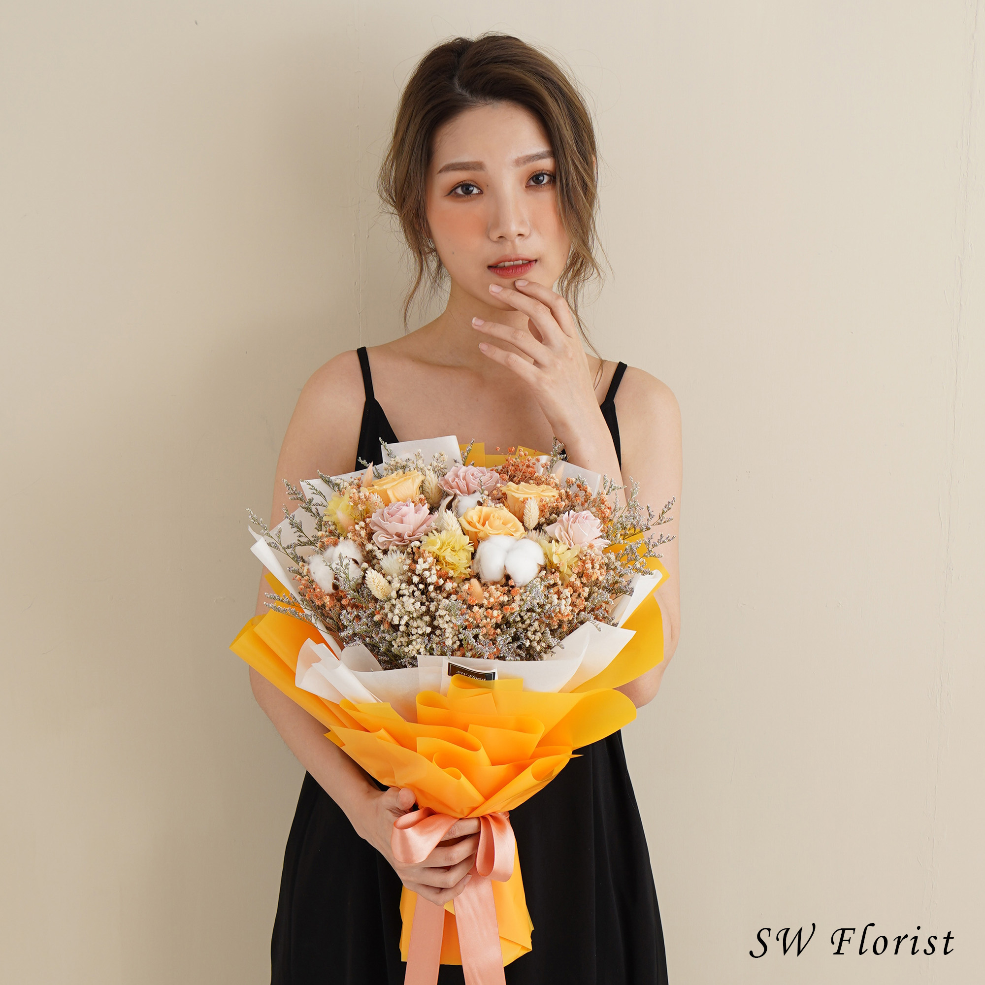 |美式熱情香檳橙-情人節禮物-浪漫求婚花束-乾燥花束-特大|