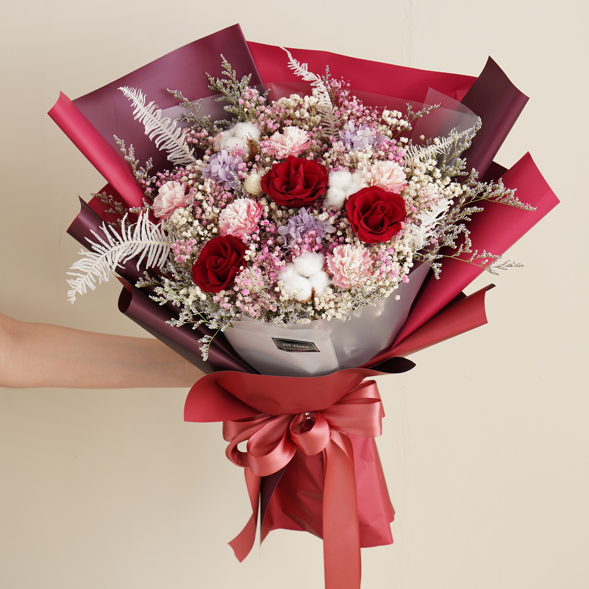 |紅色母親節花束-康乃馨-母親生日禮物-紀念日禮物-乾燥花束-特大|