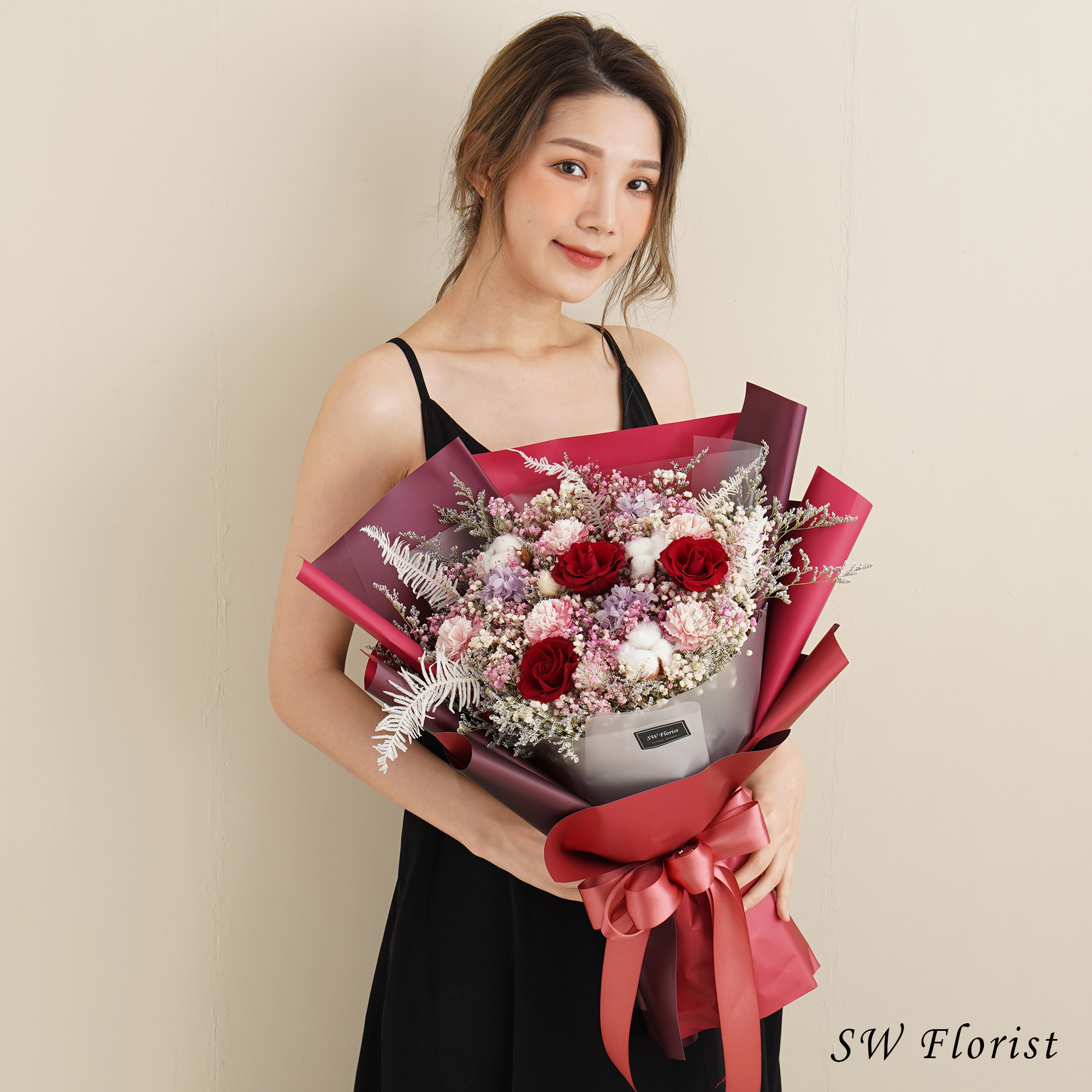 |紅色母親節花束-康乃馨-母親生日禮物-紀念日禮物-乾燥花束-特大|